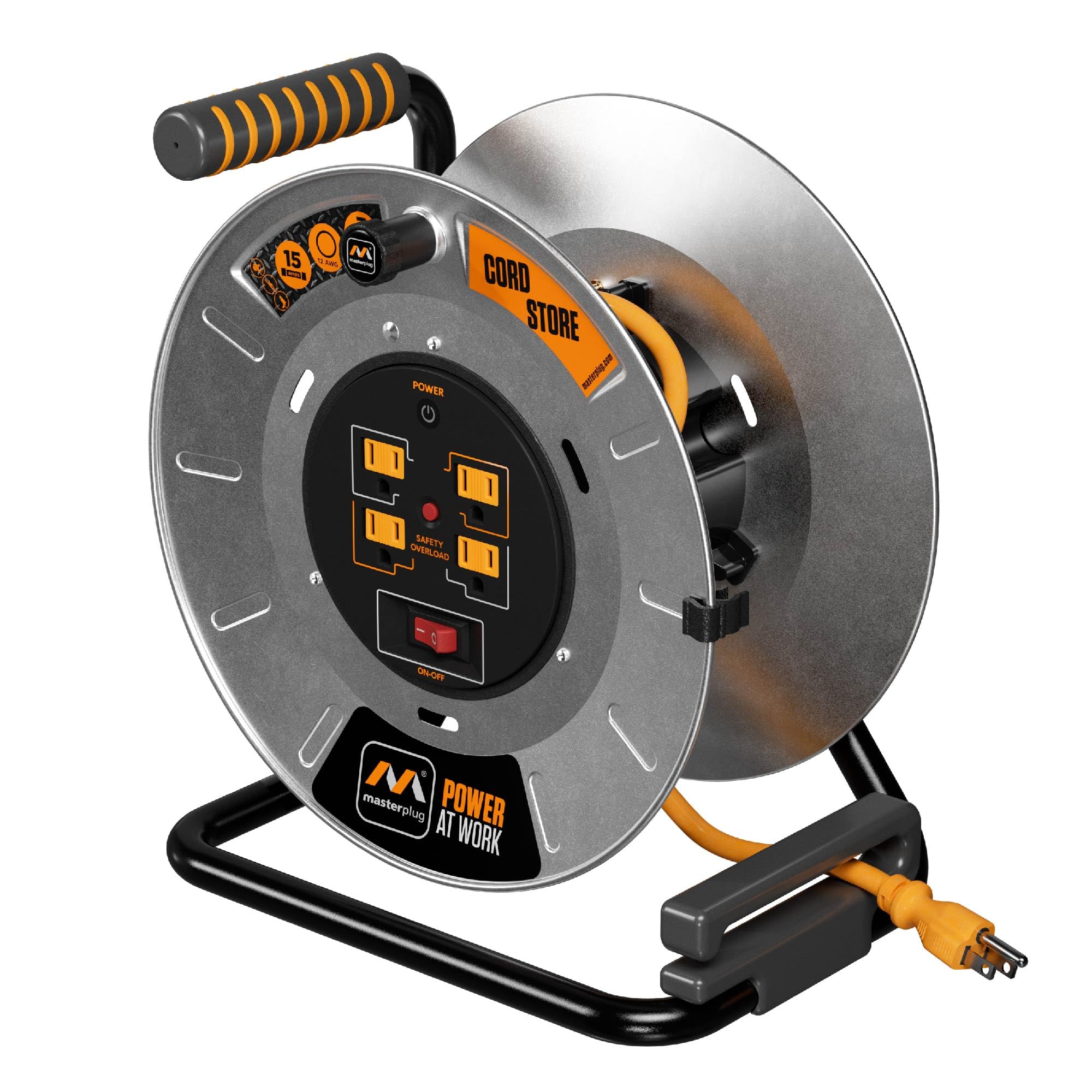 Masterplug1ft Cord Reel, Metal Cable Drum, Retractable Extension Lead with Winding Handle, Safety Overload Circuit Breaker and Power Switch, 4x Grounded Outlets, 15amps, 12AWG Cable