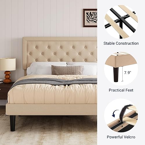 Miniatura 5 de Allewie Queen Size Button Tufted/Fabric Upholstered Bed Frame with Adjustable Headboard/Wood Slat Support/Mattress Foundation/Beige Beige,Gris