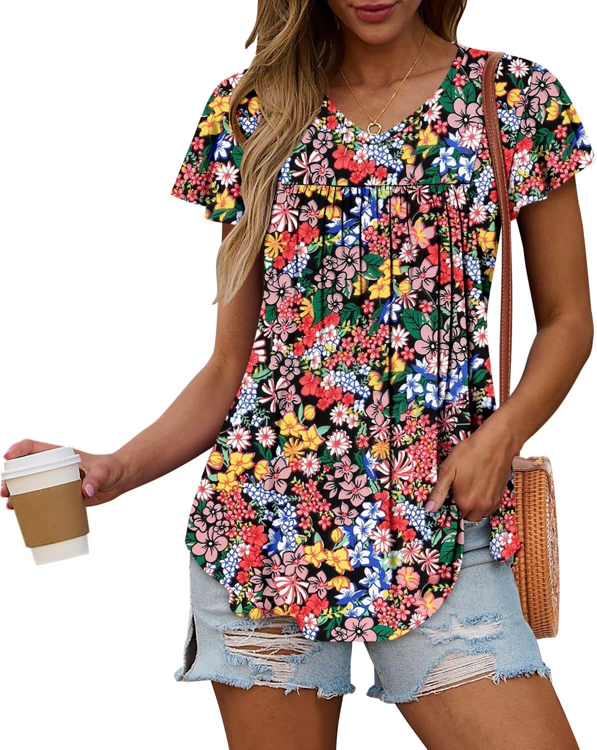 Magritta Womens Summer Tops Dressy Casual V Neck T Shirts Pleated Front Ruffle Short Sleeve Blouses Loose Fit Tunic Tops - Image 3