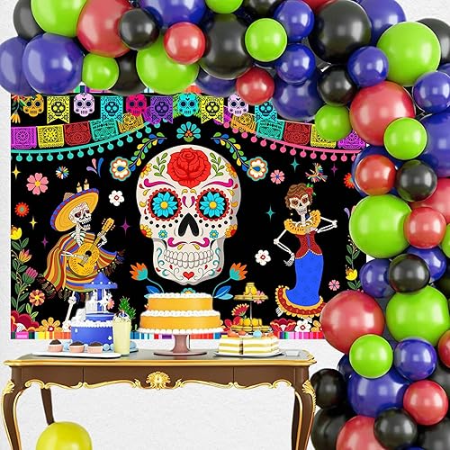 Miniatura 2 de Mocsicka Telón de fondo del Día de los Muertos, 7 x 5 pies, diseño de calavera de azúcar mexicana, fondo de fotografía de Dia DE Los Muertos,