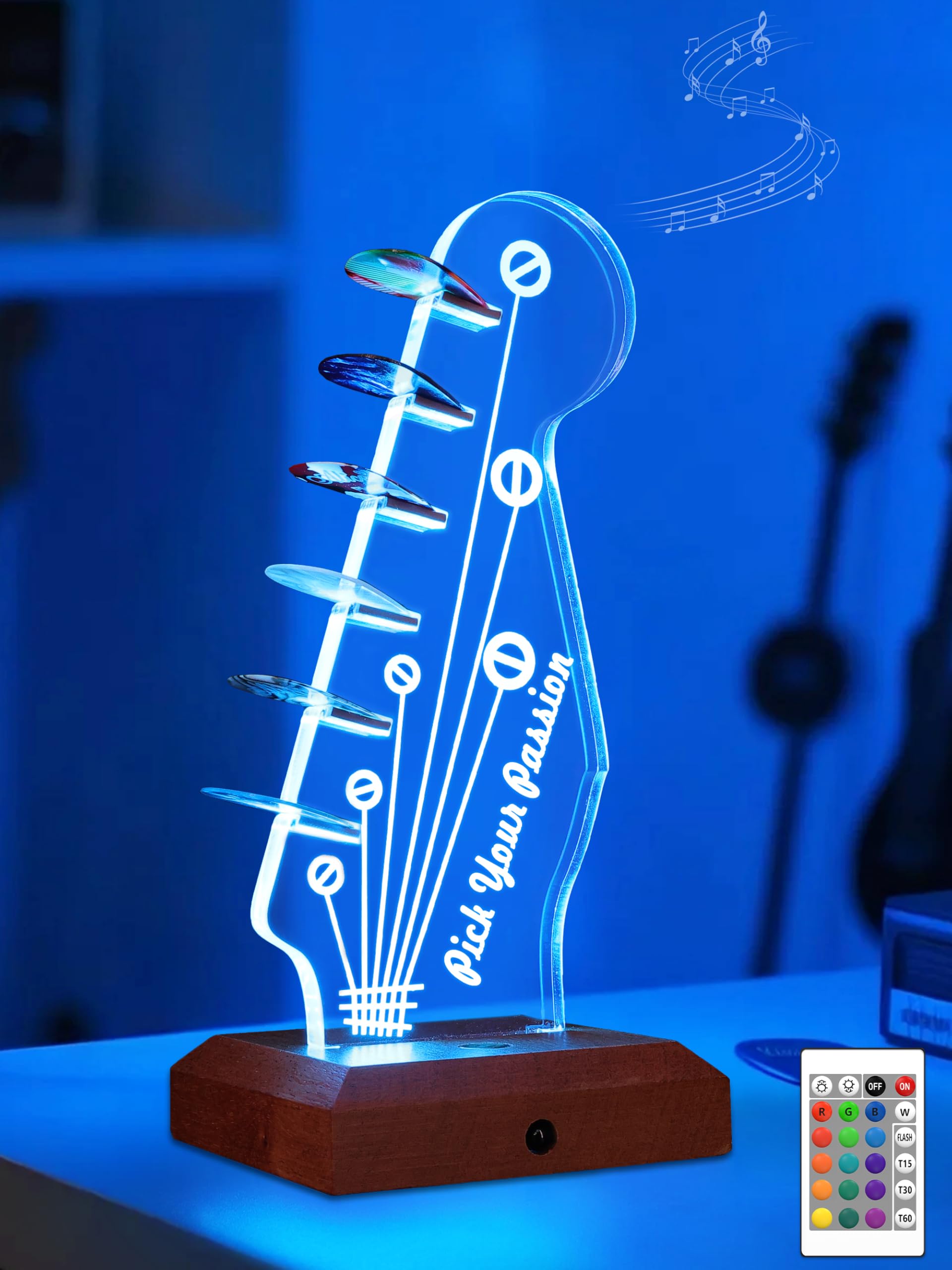 CoolGift Mart Leuchtender Gitarren-Pick-Halter,Acryl hölzerne E-Gitarre Headstock Shaped Pick Holder mit 16 Farbe Lichter für Picks Lagerung und Anzeige, Geschenk für Gitarristen