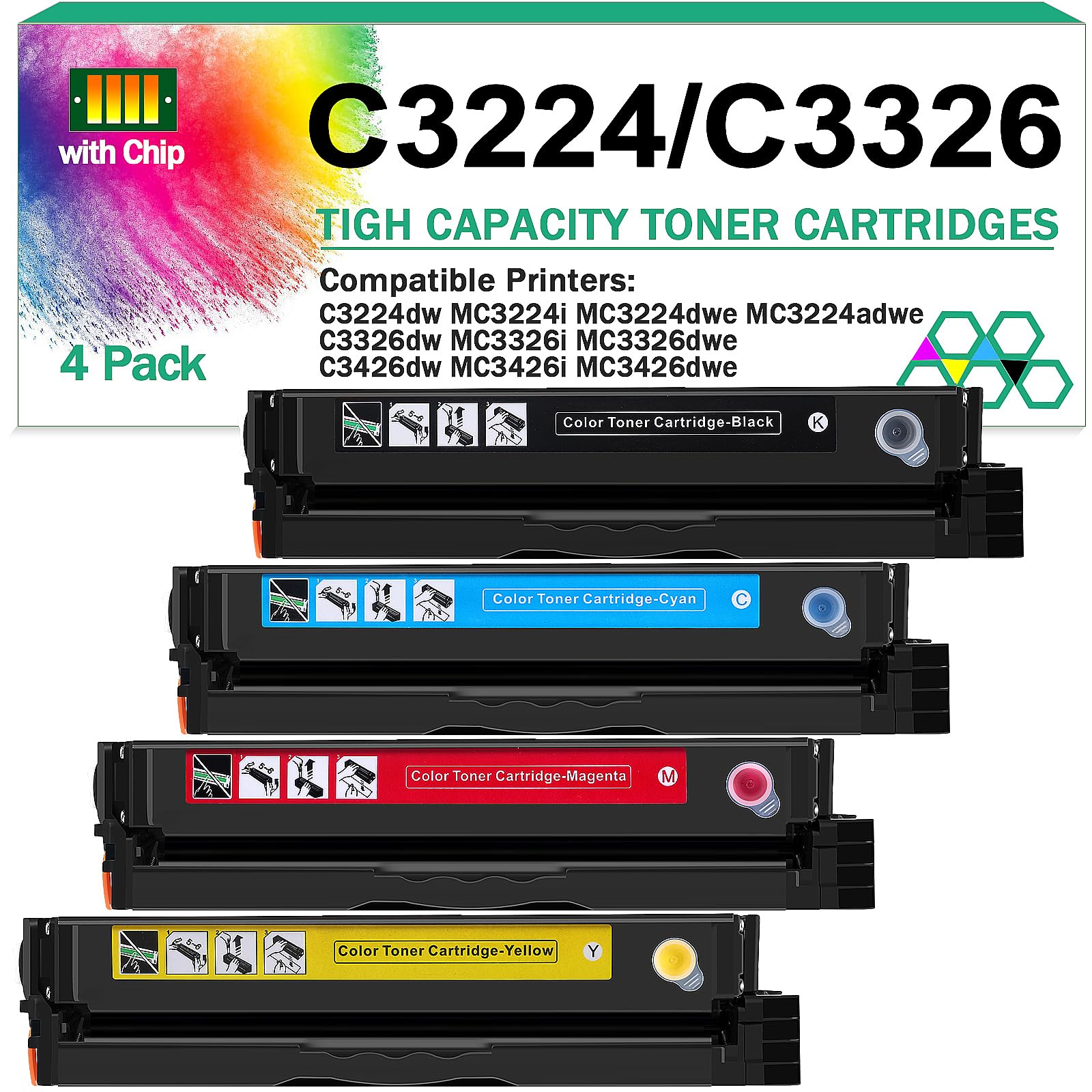 for Lexmark MC3224 Toner Cartridge (with Chip),1.5K Pages High Cartridge C3210K0 C3210C0 C3210M0 C3210Y0 Compatible C3224 MC3224 C3326 MC3326 C3426