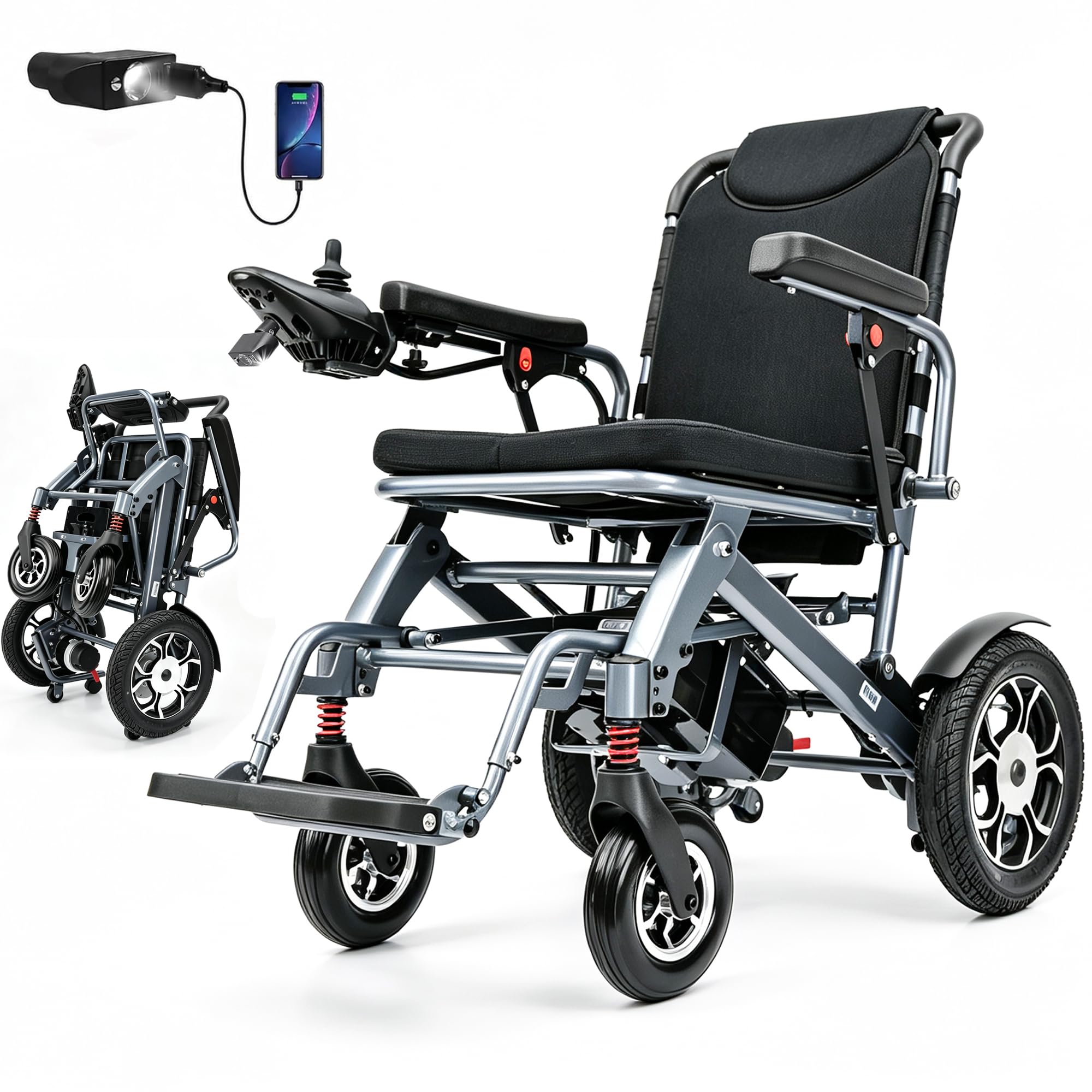 Sedia a rotelle elettrica pieghevole per anziani, sedia a rotelle elettrica con tutti i terreni, pneumatici a prova di esplosione, persone disabili, scooter mobilità, adatto per interni ed
