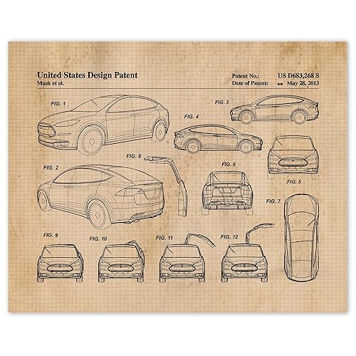 Vintage Tesla X Motors Technology Auto Patent Prints, Unframed 1 (11x14) Photos, Wall Art Decor Gifts Under 20 for Home EV Office Garage College