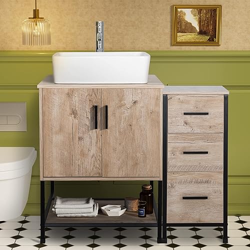 UEV Juego de tocador de baño de 36 pulgadas, juego de tocador de baño de color roble con lavabo y armario lateral de 3 cajones, con grifo de