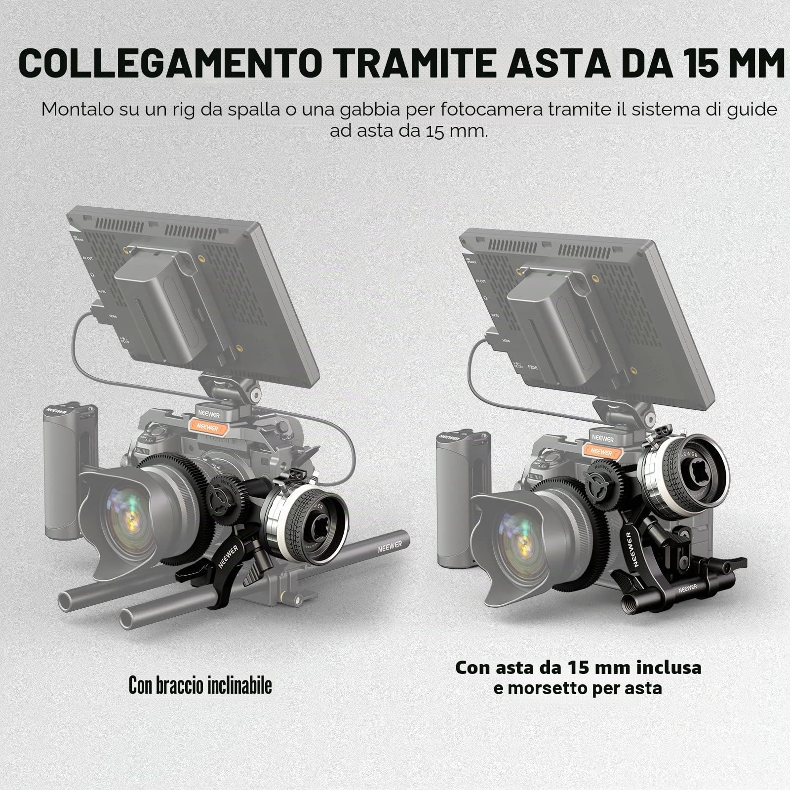 NEEWER Mini Follow Focus con attacchi A/B, corona dentata, asta da 15 mm e morsetto per fotocamera a film, fotocamera DSLR/senza specchio, compatibile con lenti di diametro fino a 114 mm, PG001