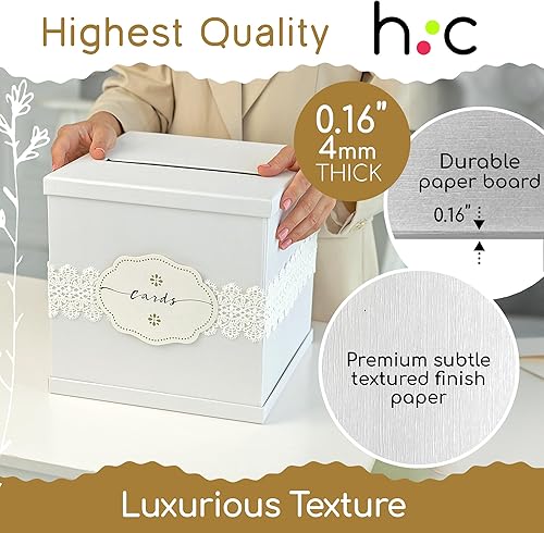Miniatura 8 de Caja de tarjeta de regalo blanca con acabado texturizado de encaje blanco - Tamaño grande 10 x 10 pulgadas - Para recepciones de boda, despedidas de