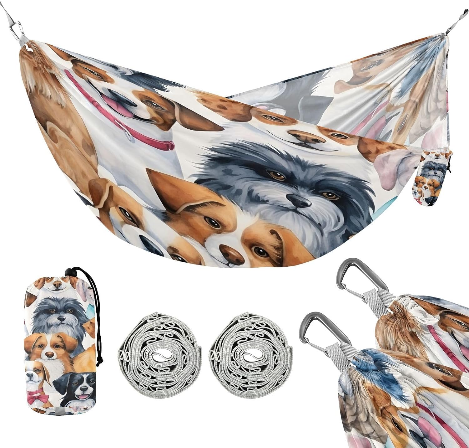 ALAZA Cute Dogs Puppy Prints Watercolor Camping Hammocks Single or 2 Person 500 lbs Portable Parachute Travel Hammock w/Tree Straps for Hiking Backpacking Indoor Outdoor