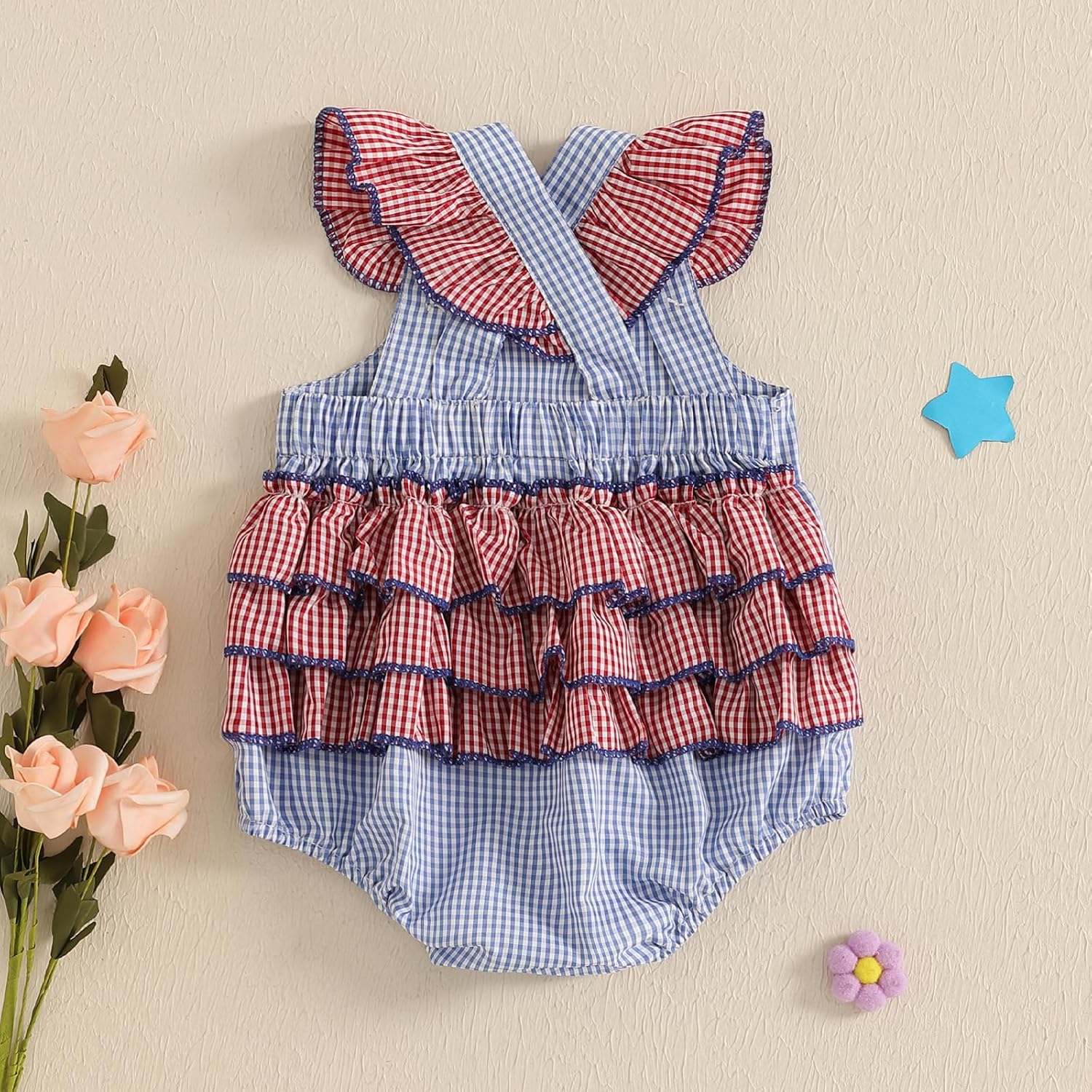 4th Of July Baby Girl Outfits Newborn Bubble Romper Infant Plaid Bodysuit T Shirt Memorial Day Patriotic Clothes - Image 4