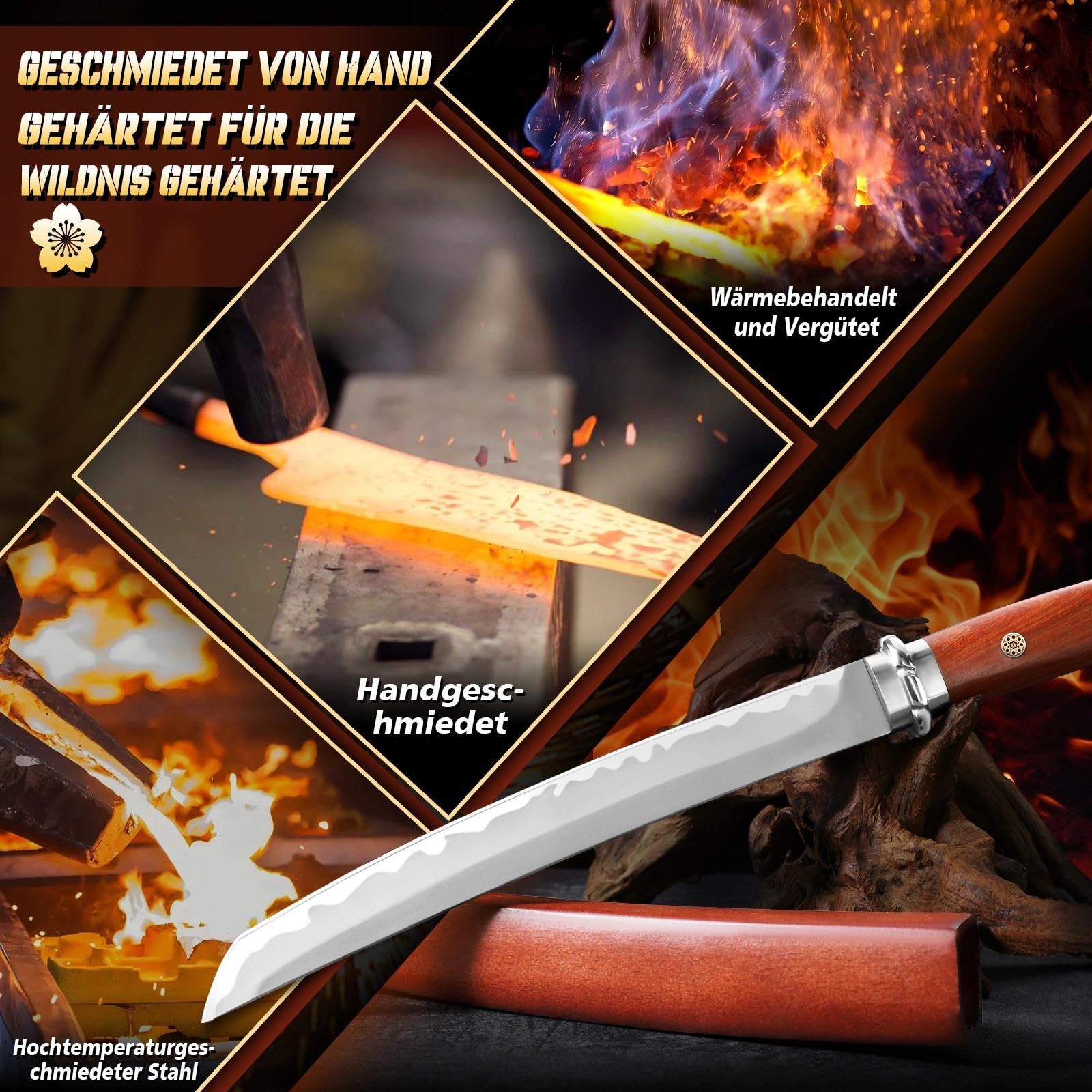 Dragon Creek Geschmiedetes Outdoor-Messer mit feststehender Klinge – Holzgriff aus rotem Sandelholz, Holzscheide, für Camping, Outdoor & Geschenk