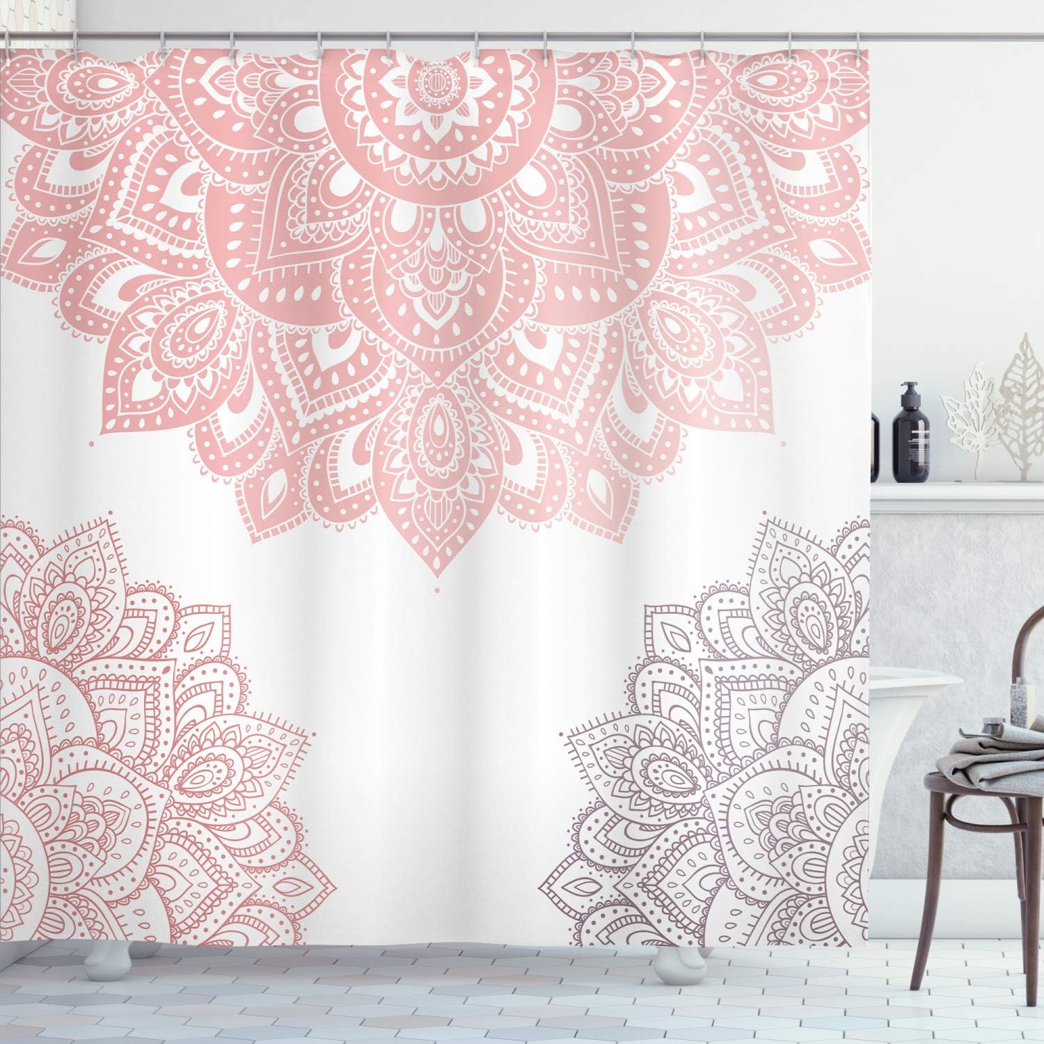 Ambesonne Flora Shower Curtain, South Mandala Design Vibrant Color Ornamental Illustration, Cloth Fabric Bathroom Decor Set with Hooks, 69" W x 75" L, Soft Pink