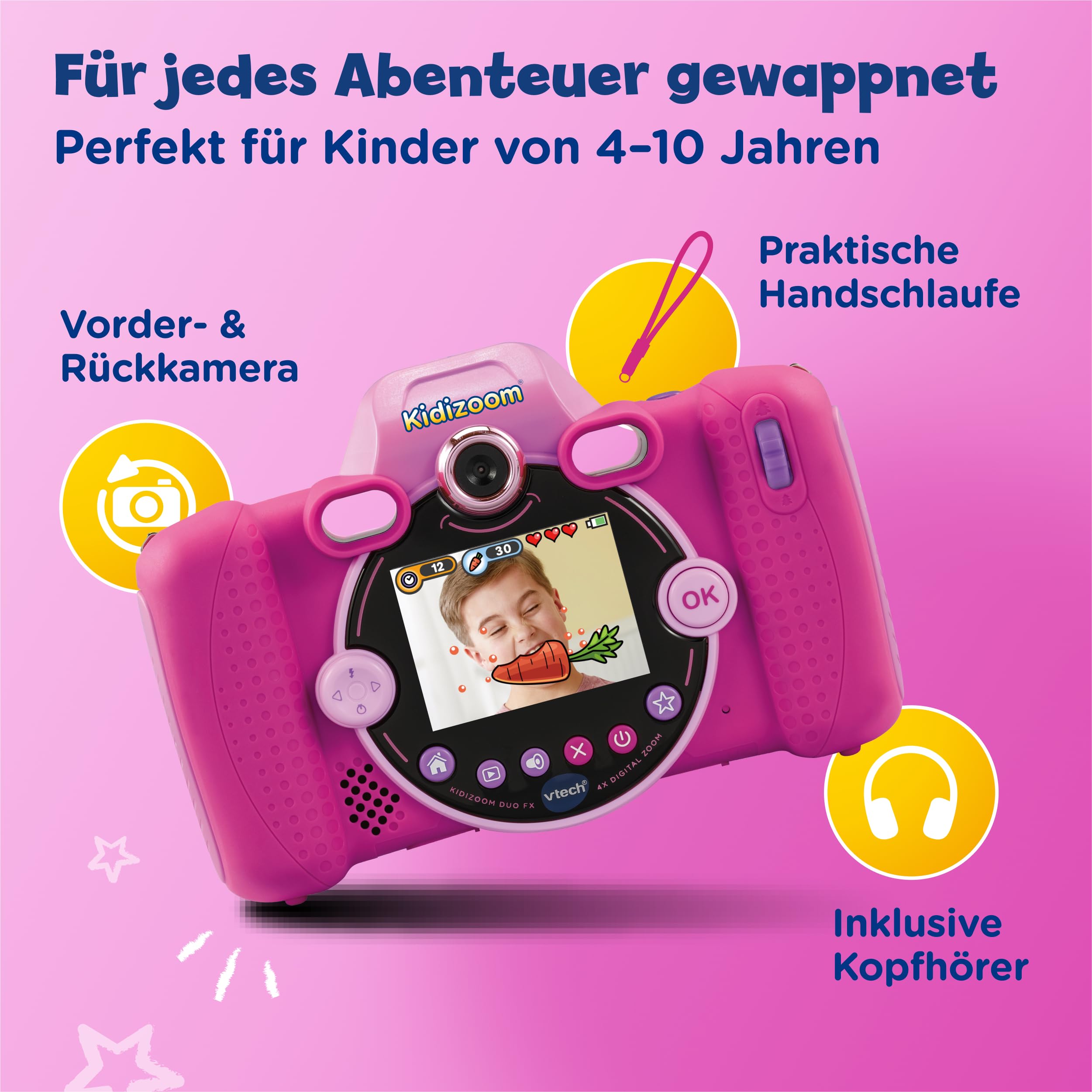 VTech KidiZoom Duo FX in rosa - Robusta fotocamera digitale con app creative e funzioni di gioco - per bambini dai 4 ai 10 anni