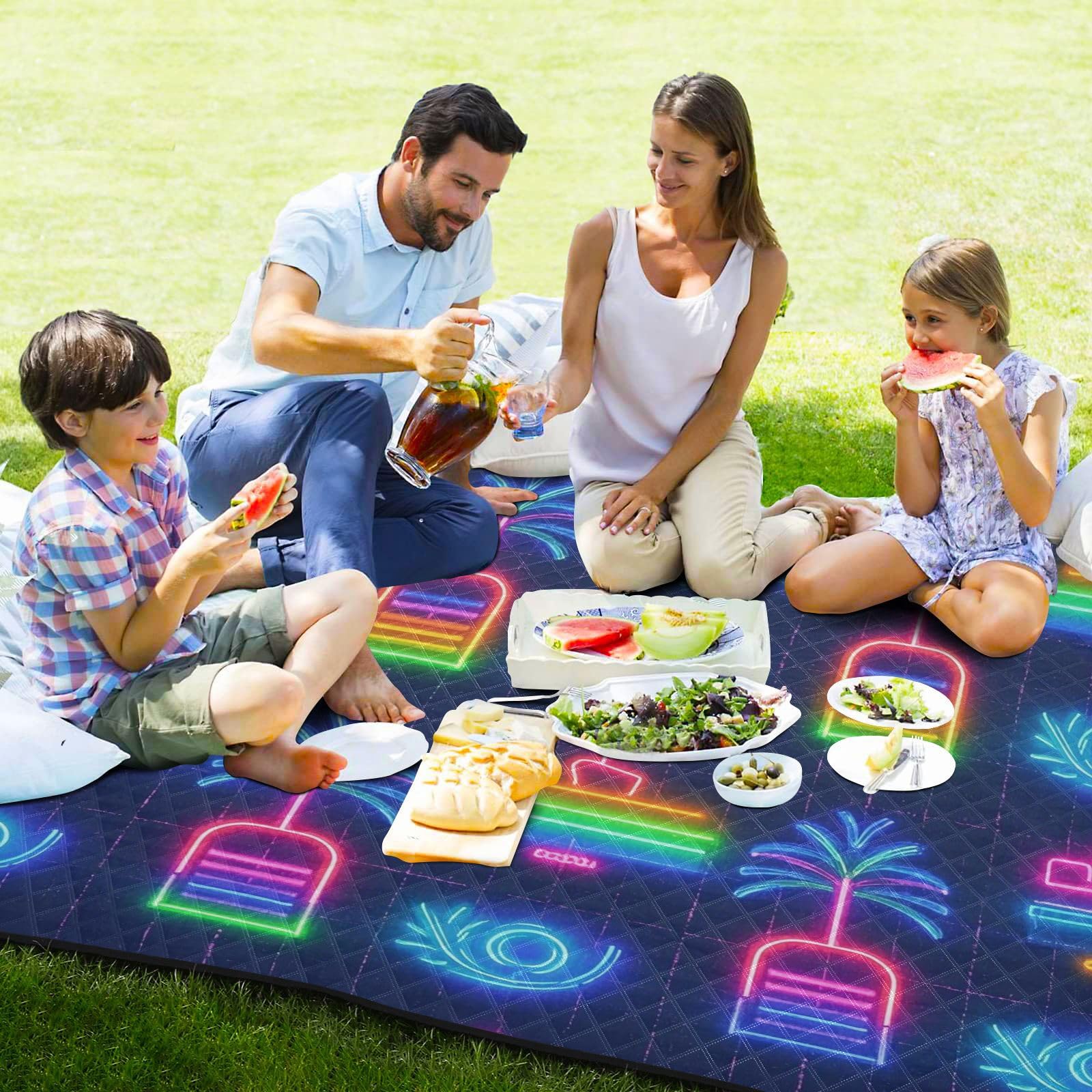 Manta de picnic impermeable de verano con diseño de barco de neón y cocotero, resistente al agua, manta de playa grande para picnic en el suelo