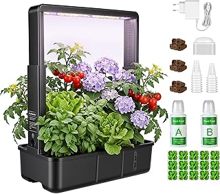 ERWEY Hydroponisches Anbausystem für 15 Pflanzen, Hydroponic System mit 15W LED Pflanzenlampe, 3L Wassertank, Höhenverstellbar, Innengarten für Küche, Wohnzimmer, Schule, Schwarz