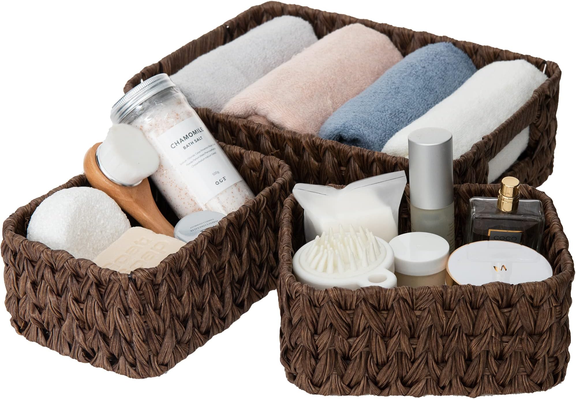 GRANNY SAYS Wicker Baskets for Organising, Pack of 3 Nesting Storage Baskets for Shelves, 1 Large Wicker Basket Storage and 2 Small Baskets Waterproof, Wicker Storage Baskets for Bathroom Shelf, Brown