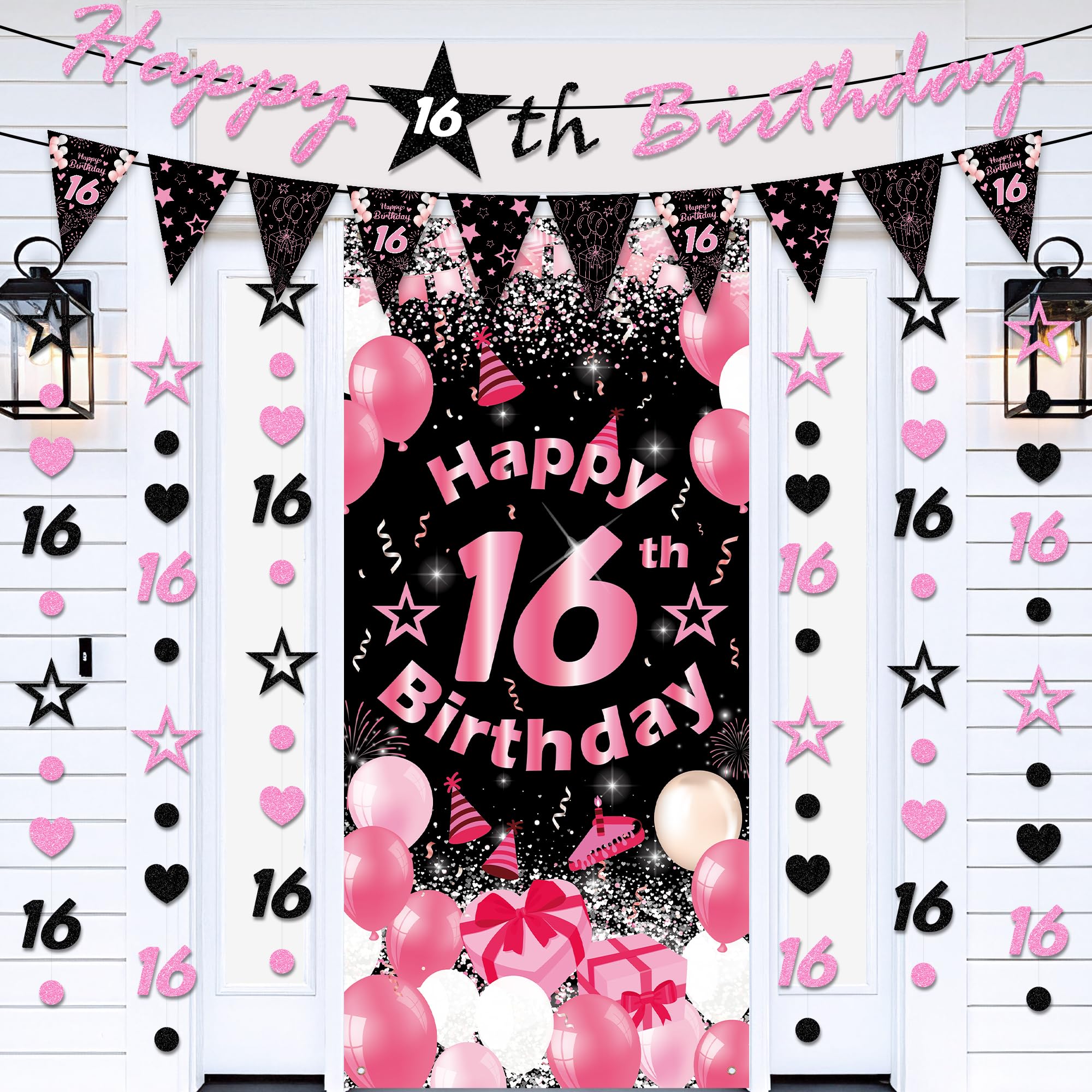 Sweet 16th Birthday Decorations, Black Pink Party Supplies with Backdrop Banner and Hanging Decorations, 16th Birthday Party Supplies for Girls, Pink Black Sweet 16 Decor