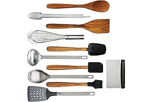BABISH 11-Piece Essential Teak Wood, Silicone & Stainless Steel Tool Cooking & Baking Utensil Set