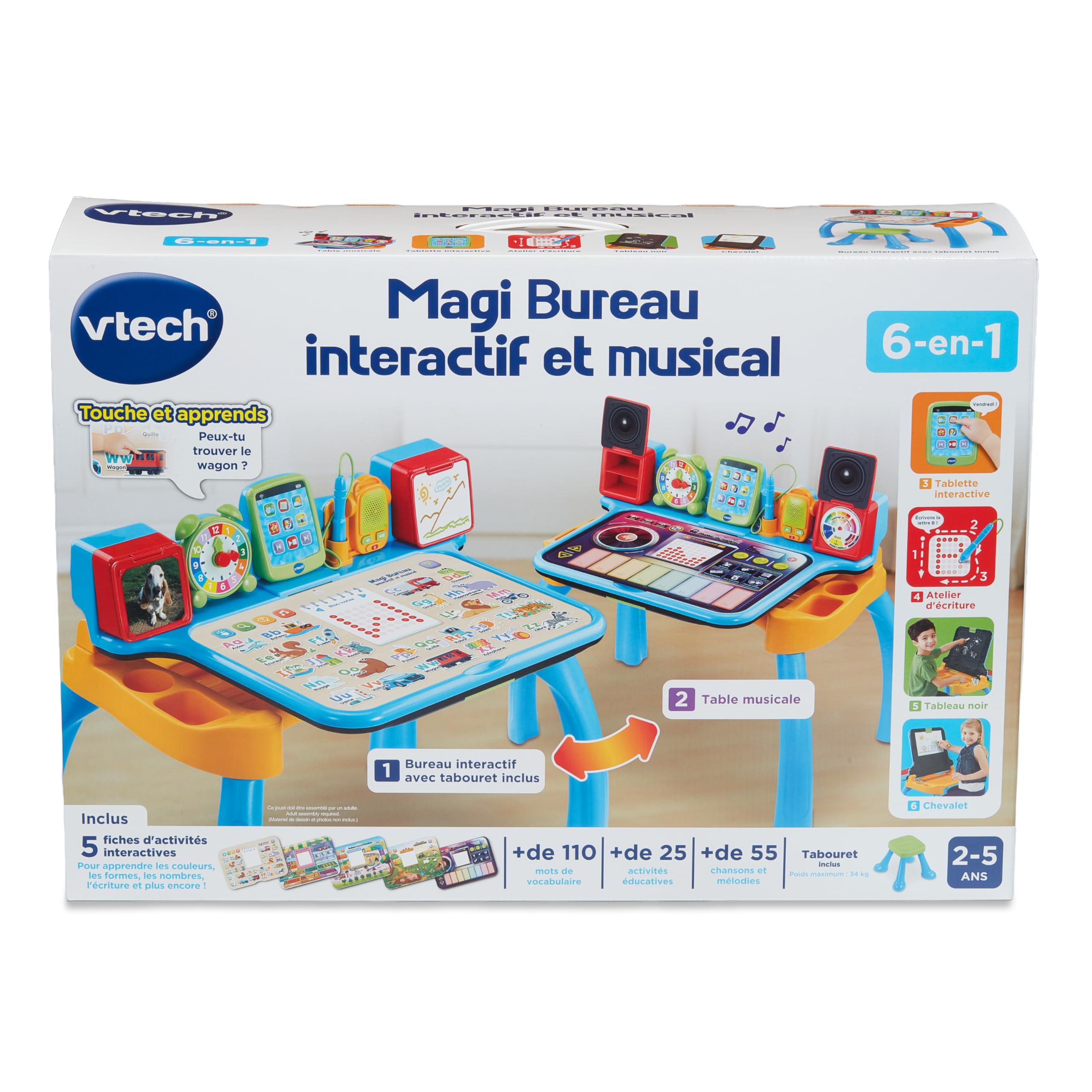 VTech - Magi Bureau Interactif et Musical 6 en 1 - Bureau Enfant avec Tabouret - Table de Jeux Éducative, Chevalet à Dessin et Tableau Noir à Craie - Cadeau Enfant Dès 3 Ans - Contenu en Français