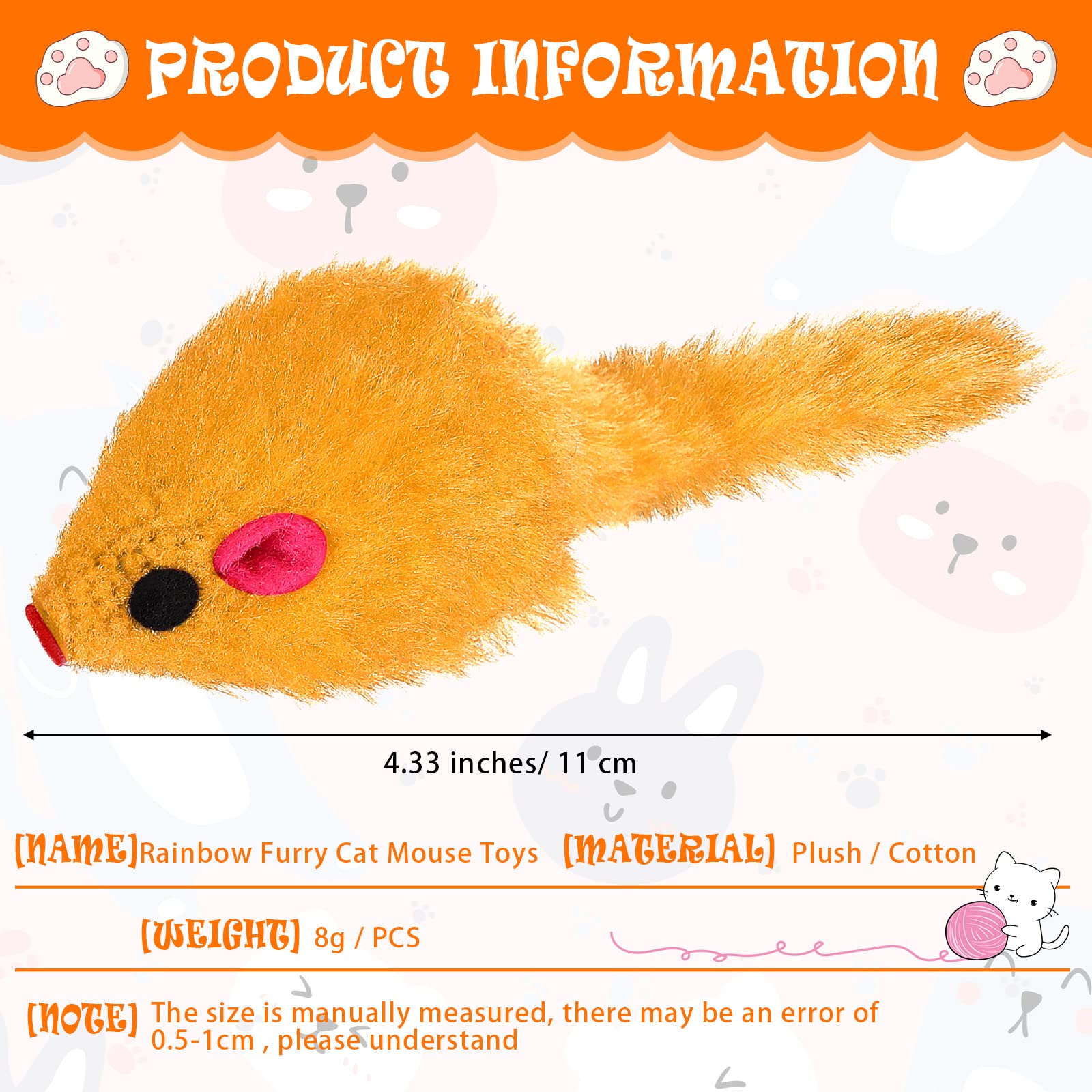 120 Pcs Rainbow Furry Cat Mouse Toys Interactive Rattle Cat Toy Mice Small Soft Rustle Sound Kitten Toys for Pets Cat Puppy Kittens Play, Assorted Colors 1