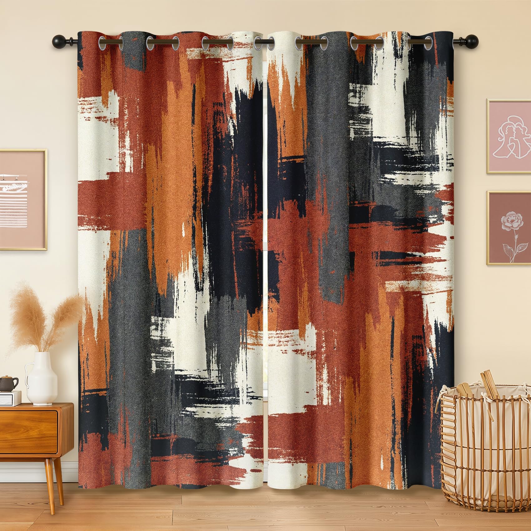 Havenix Burnt Orange Rust Blackout Curtains for Bedroom Living Room, Abstract Brushstroke Patterned Curtains 66x90, Thermal Insulated Eyelet Drapes for Windows, 2 Panels