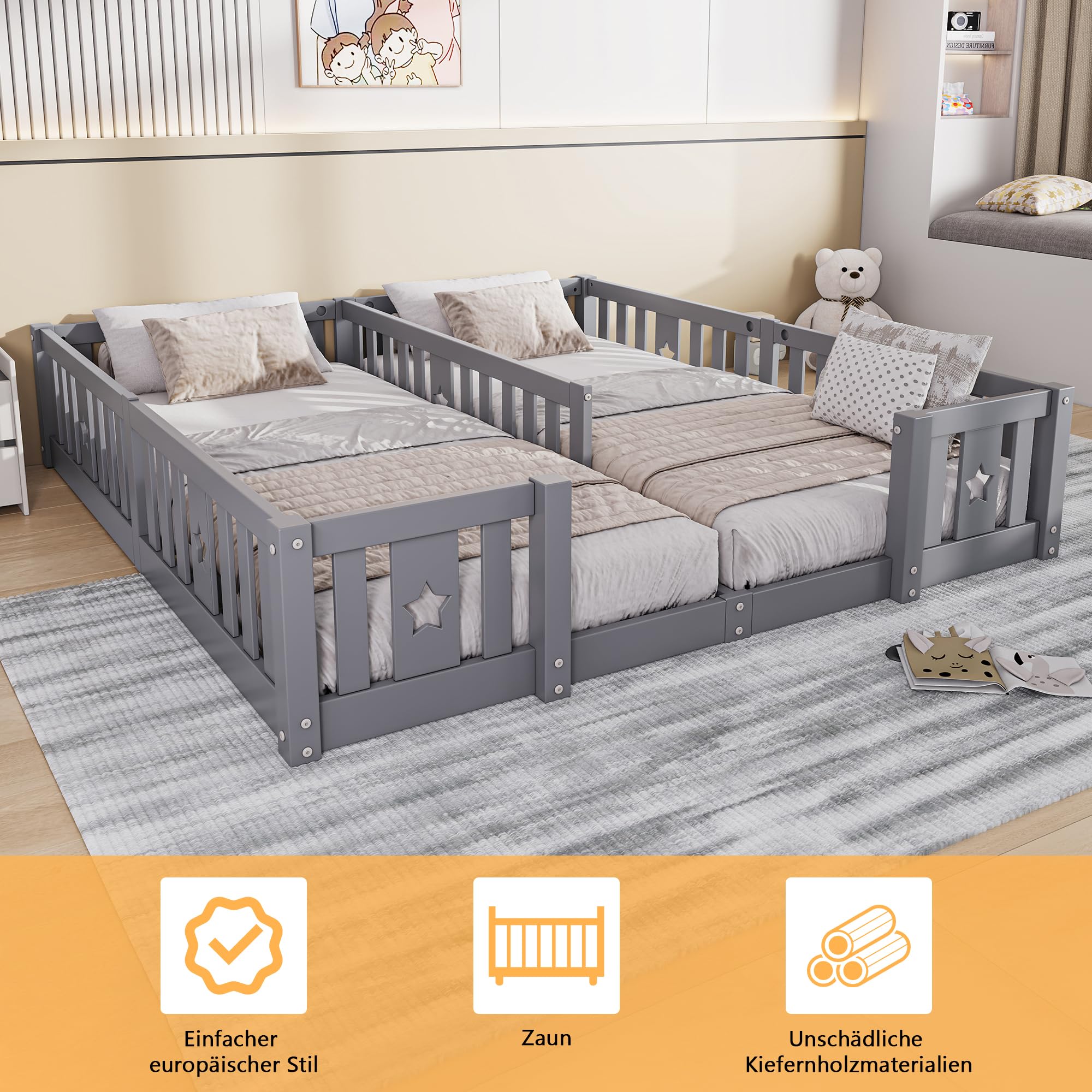 Lit Montessori Enfant au Sol 90x200 cm avec Barrières,Lit Combiné 2 Places Applicable Cela Enfants S'exercer Debout,Idéal pour Famille/Jumeaux,Gris(avec sommier à Lattes)