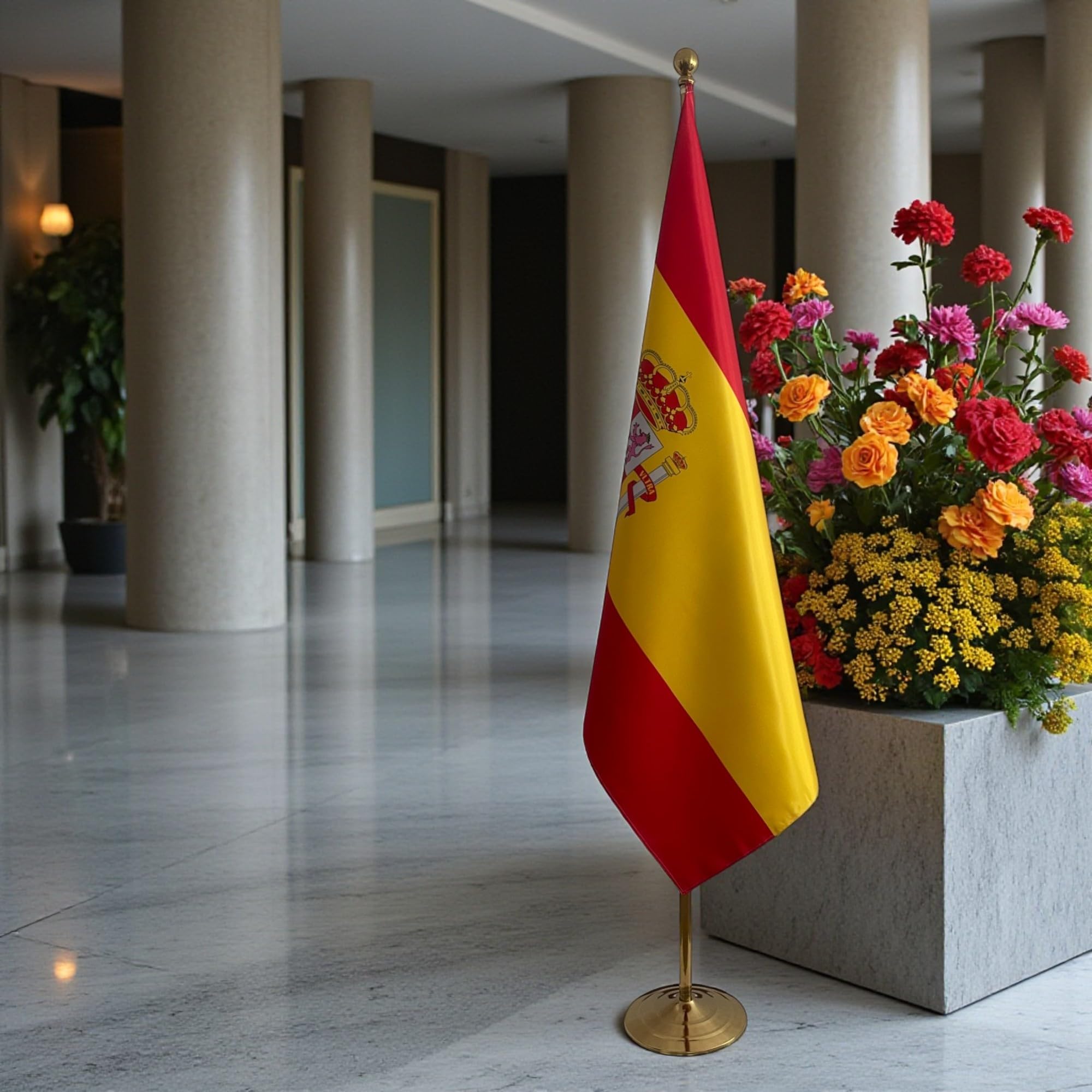 Bandera de España con mástil y pie. Bandera Española para Oficina. Bandera de España en hampe. Código CN6-ES