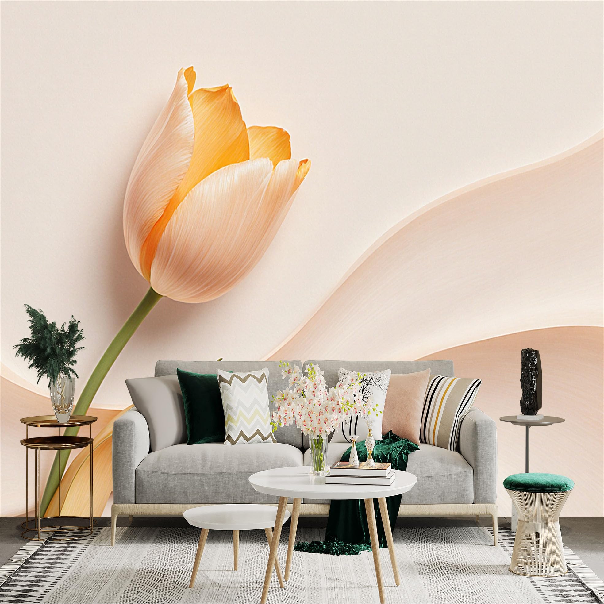 Custom Size Wall Sticker Mural， Elegant Soft Peach Tulip， Minimalist Flowing Abstract Silk Fabric Background， for wall Decoration， peelandstick wall Decals.