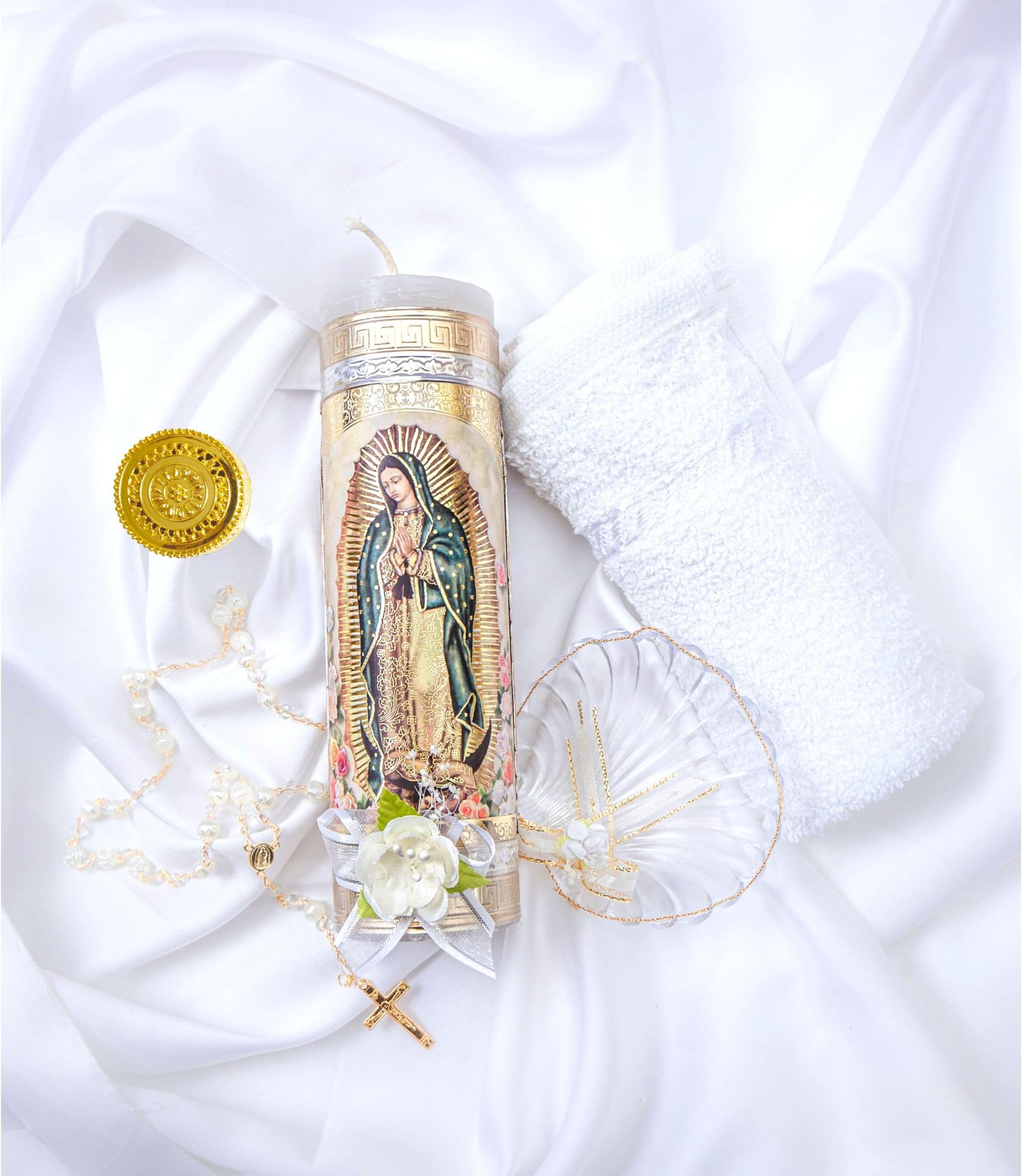 Baptism Candle Set Featuring Our Virgen de Guadalupe Candle Premium Golden Metallic Cover - Velas para bautizo Full kit - Catholic Baptism Candle Set - Vela bautiso