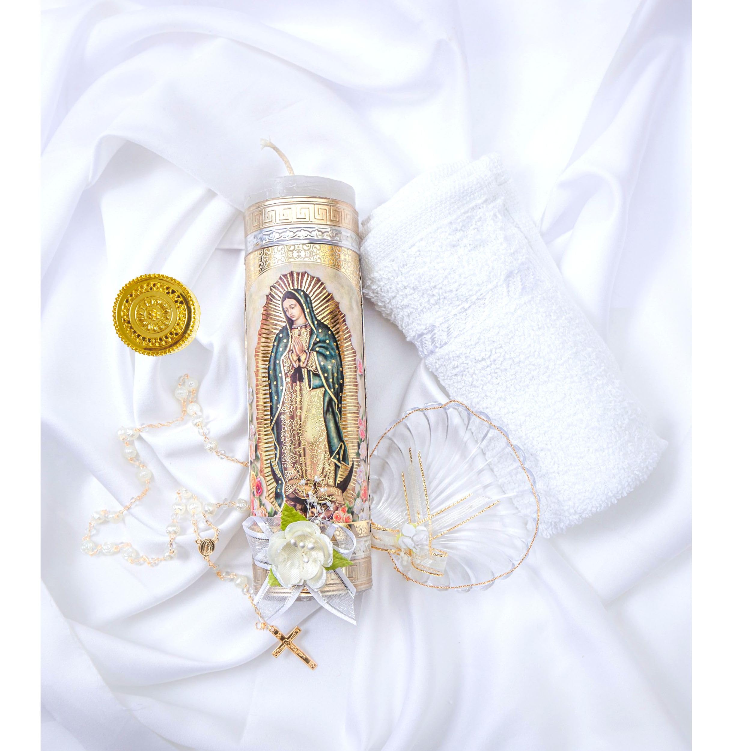 Baptism Candle Set Featuring Our Virgen de Guadalupe Candle Premium Golden Metallic Cover - Velas para bautizo Full kit - Catholic Baptism Candle Set - Vela bautiso