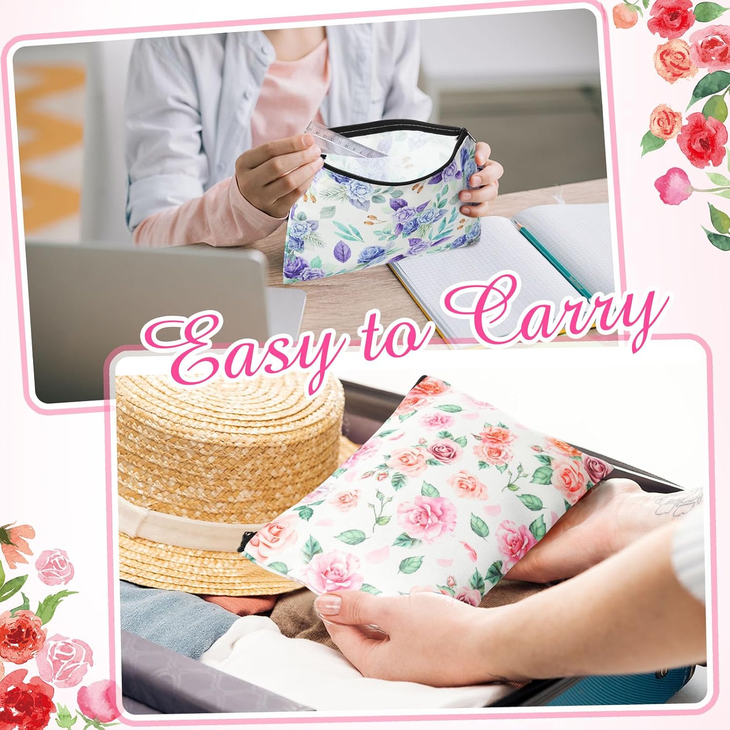 Hillban Vintage Floral Cosmetic Bags for Women Inspirational Cute Canvas Makeup Bags Bulk Motivational Travel Cosmetic Pouch Beautiful Gifts for Teacher, 12 Styles