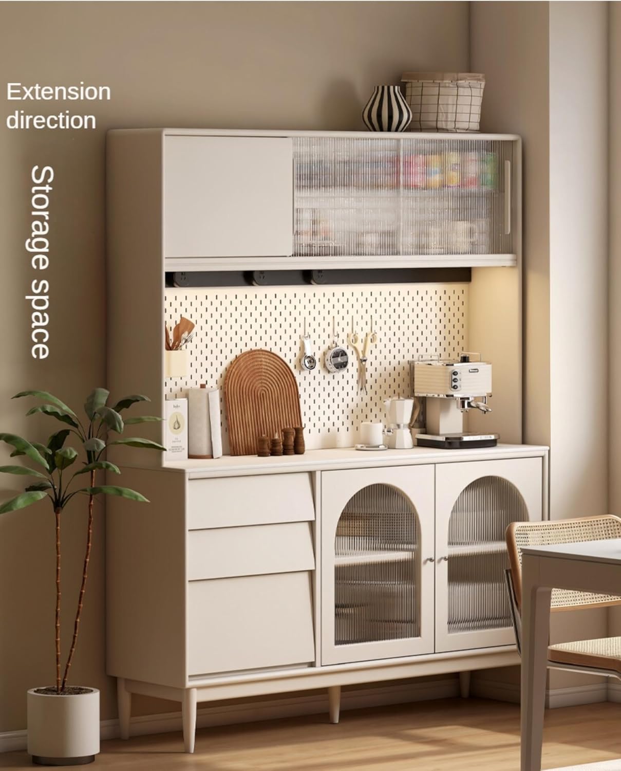 GVAwood Solid Rubberwood Sideboard, Buffet Cabinet 33.4х15.7х73.6 inch / 85.4х40.4х187.7cm / Warm White/Solid Rubberwood Sideboard + Upper Shelf