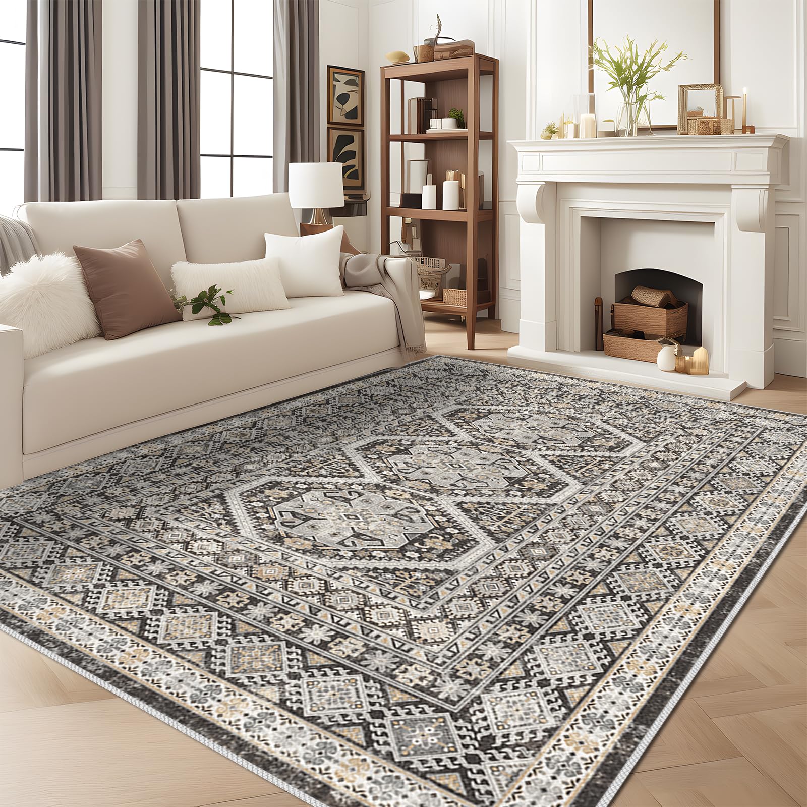 8x10 Washable Area Rugs: Large Non-Shedding Oriental Living Room Rug Super Soft Vintage Bedroom Carpet Ultra Thin Farmhouse Distressed Indoor Rug for Kitchen 8x10 Black