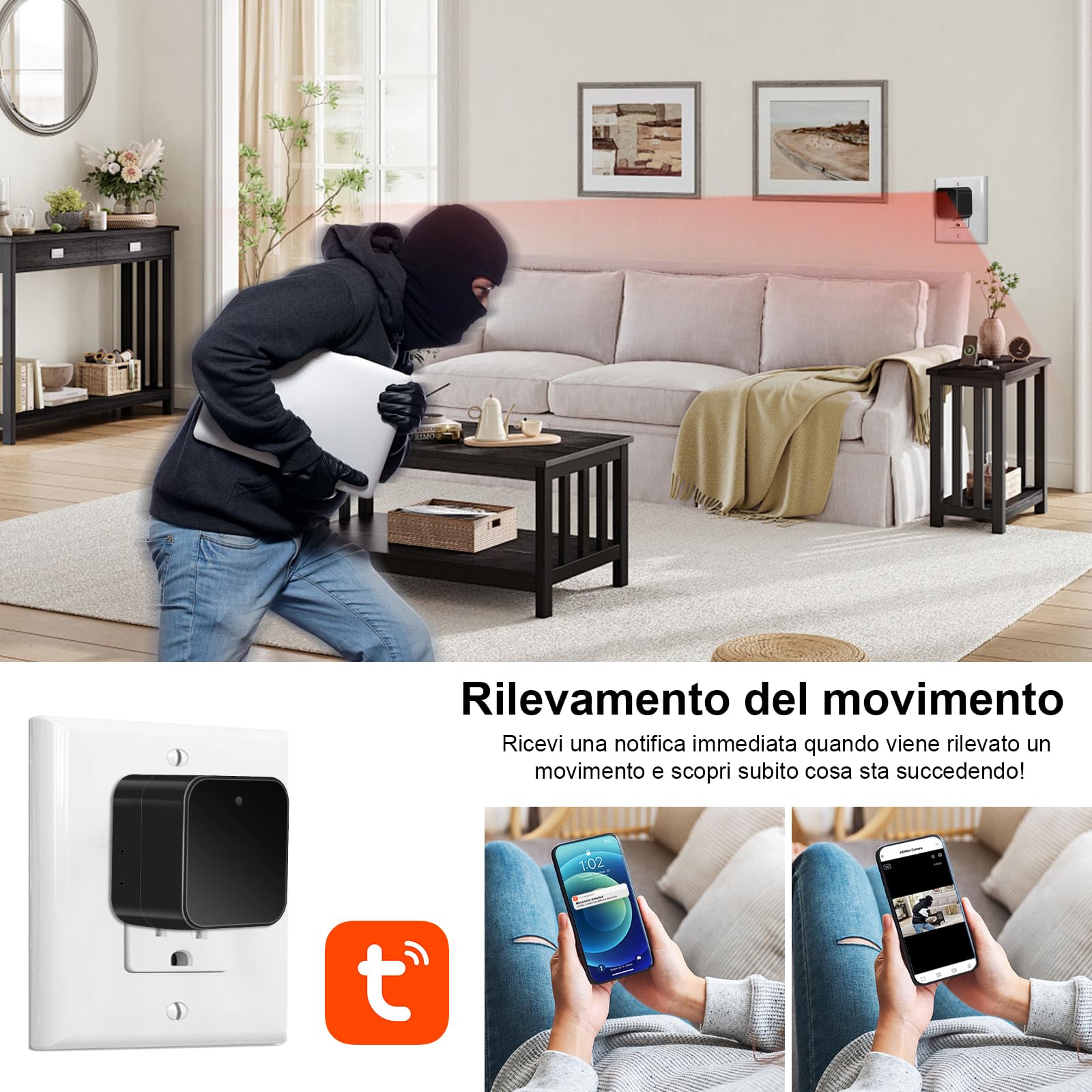 Telecamera Spia WIFI 5G,Videocamera Sorveglianza Interno Caricatore USB | 1080P Spy Cam Senza Fili,Mini Telecamera Nascosta Spia,Rilevamento del Movimento, per Casa/ufficio ,Tuya APP