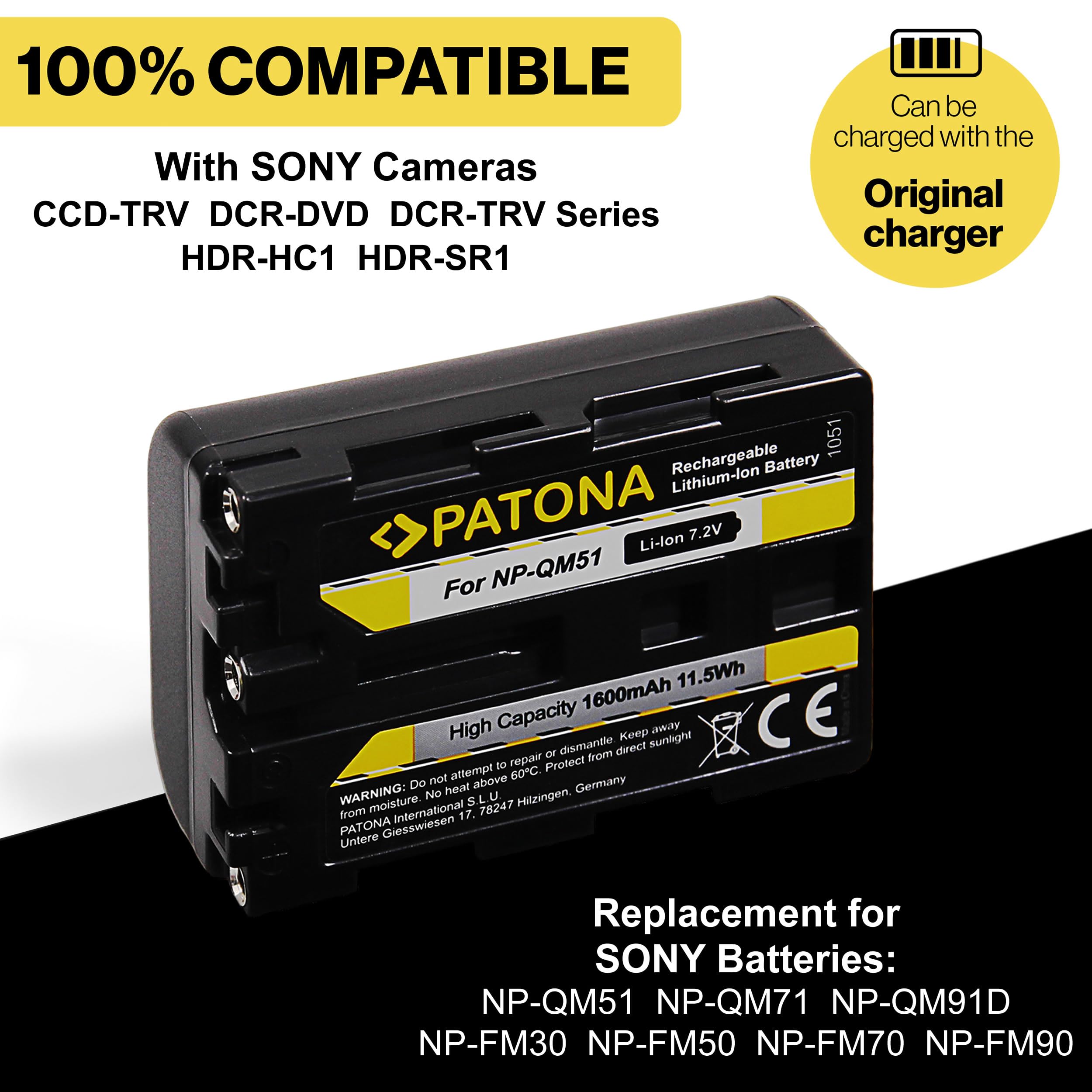 PATONA 2x NP-FM50 NP-QM51 Batteria 1600mAh compatibile con Sony Camcorder NP-FM30 FM50 FM70 FM90 QM51D QM71D QM91D CCD-TRV106K 108 116 128 DCR-DVD91 100 200 DCR-HC14 TRV6 TRV8 NPFM50 QM51 FM50