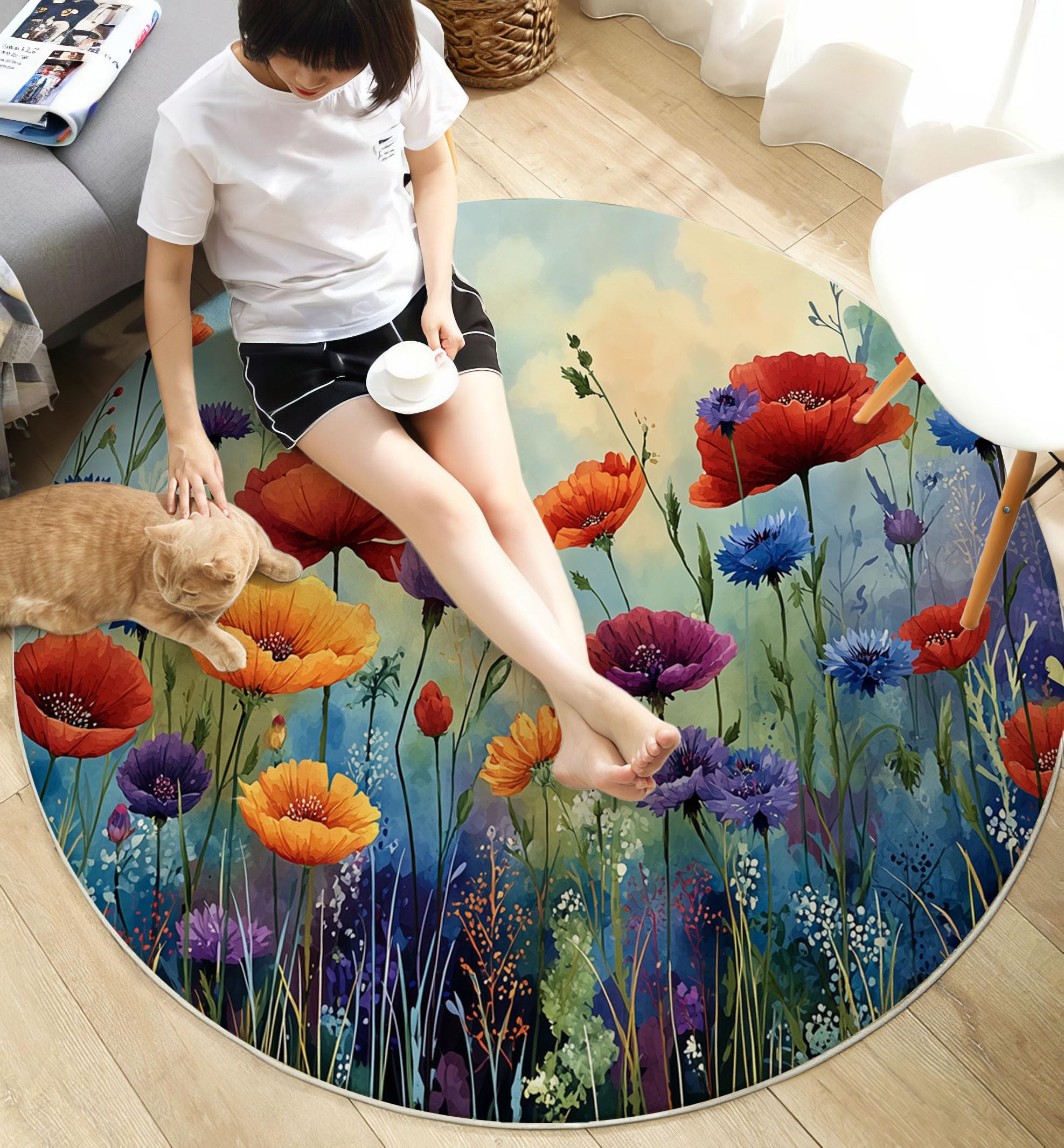 Tappeto Rotondo Fiori Da Giardino Ad Acquerello per Soggiorno, Lavabile in Lavatrice, Antiscivolo, Pelo Corto | Tappeto Papavero Erba Selvatica per Salotto e Camera da Letto,Ø 160 cm, Ciano