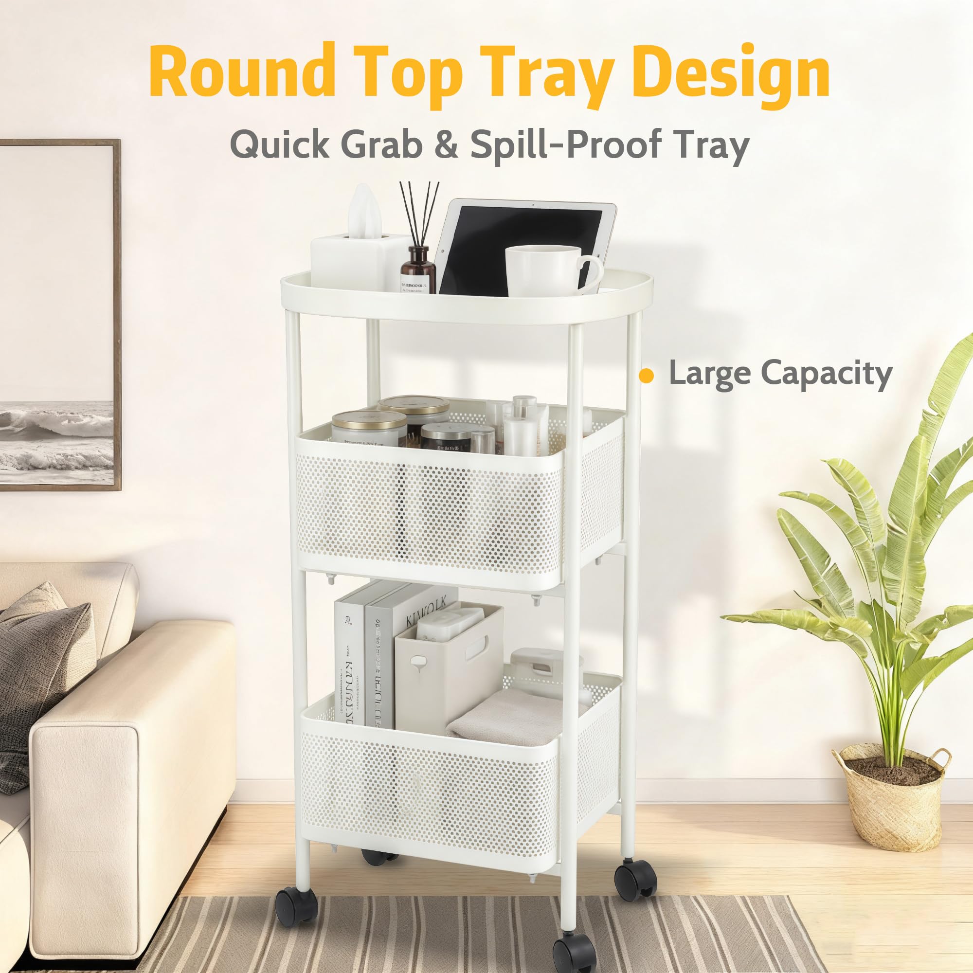 Carrito rodante de 3 niveles, carritos de almacenamiento de metal con ruedas, organizador de carritos para manualidades, cesta de malla para cama, cocina, oficina, arte, blanco lechoso