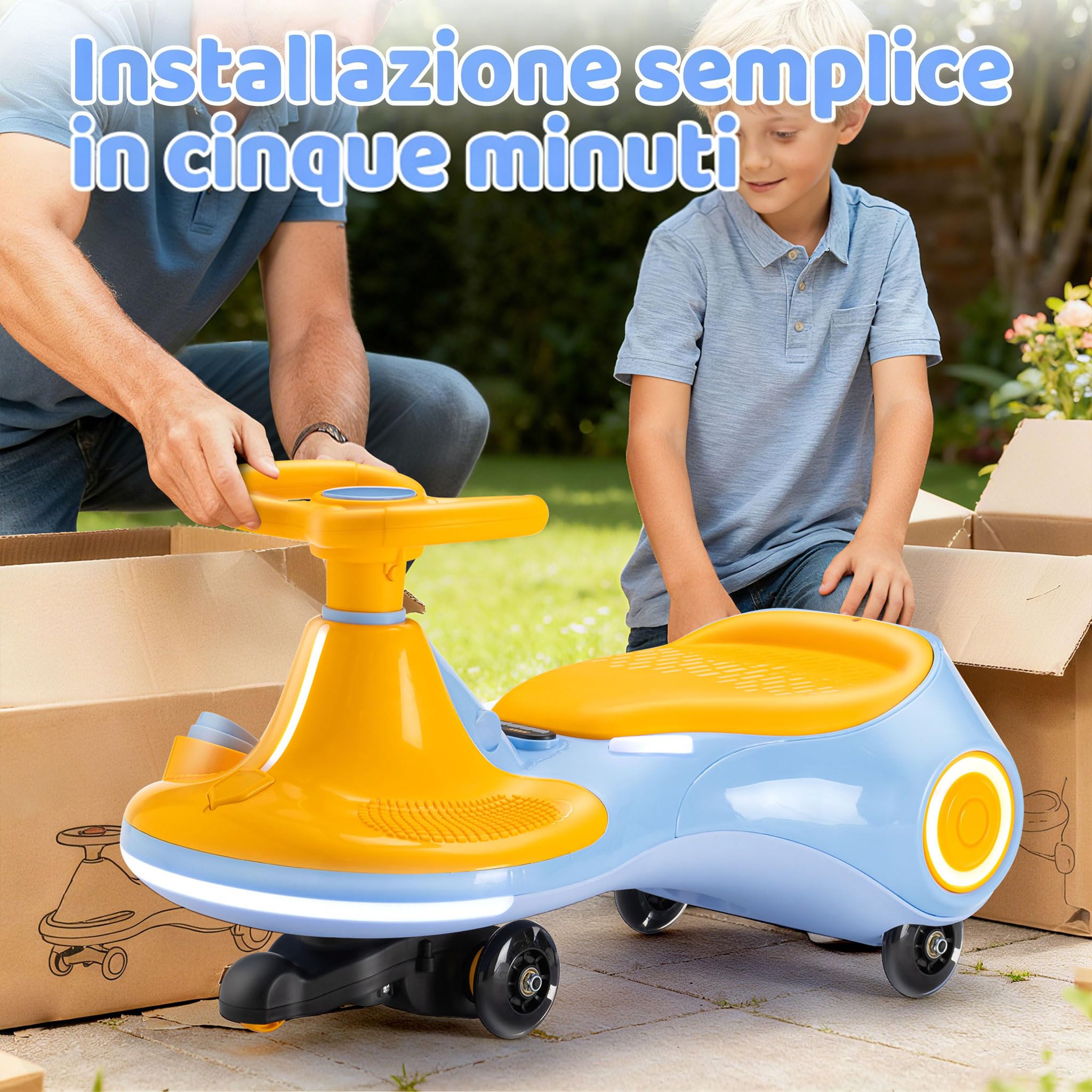Auto a dondolo elettrica per bambini 12V, giocattolo 3-in-1 con pedale, batteria ricaricabile, 3 modalità, anti-ribaltamento, ruote luminose, musica, età 3-8 anni, 30-70kg, giallo blu