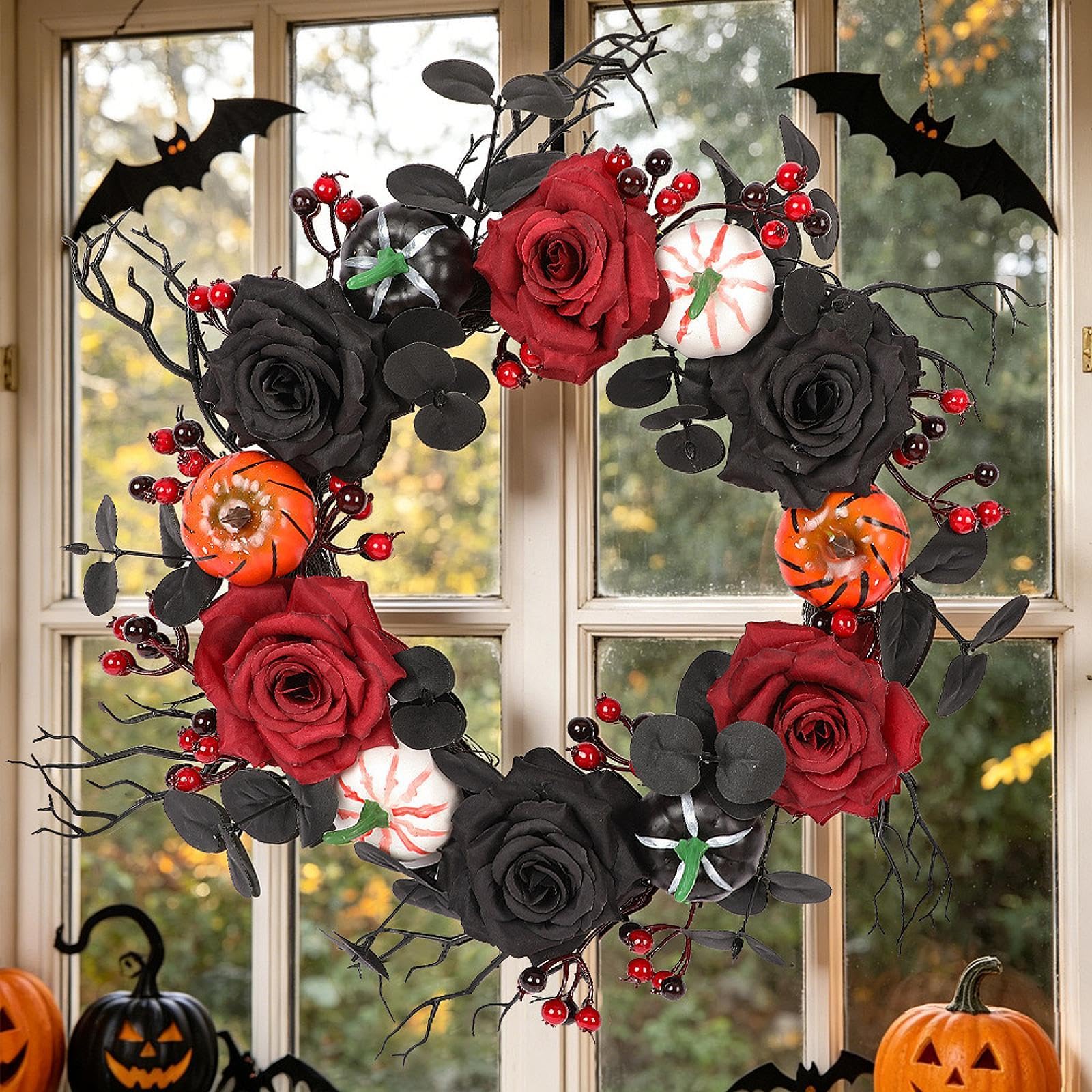 rockible Ghirlanda di Halloween per porta, ghirlanda artificiale da appendere, ornamento natalizio gotico con foglie di e per patio e