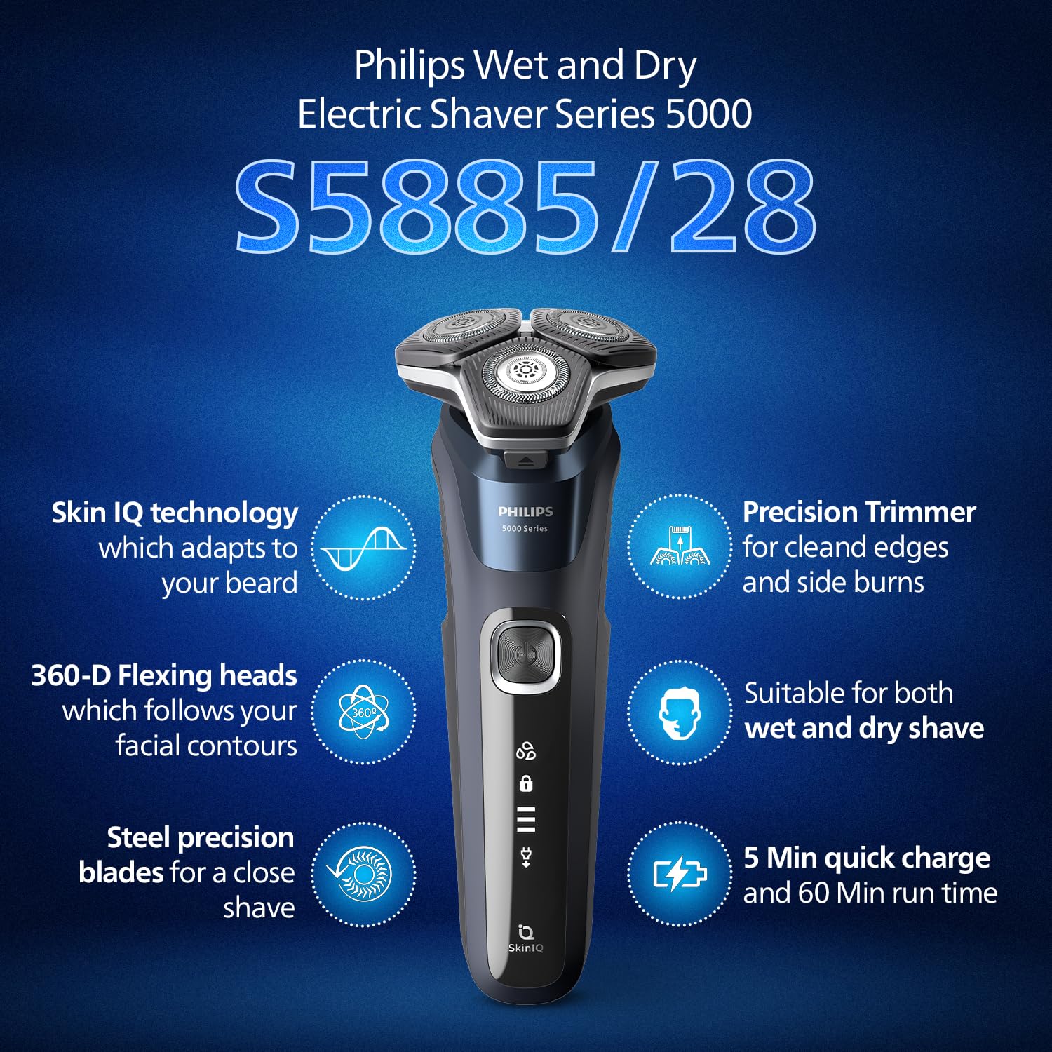 PHILIPS Electric Shaver For Men|Wet & Dry|Steel Precision Blades|Power Adapt Sensor|360 D Flexing Heads|Integrated Pop Up Trimmer|Delivers A Powerful Shave, Cuts More Hair Per Stroke*|S5885/28,Black - Image 2 thumbnail