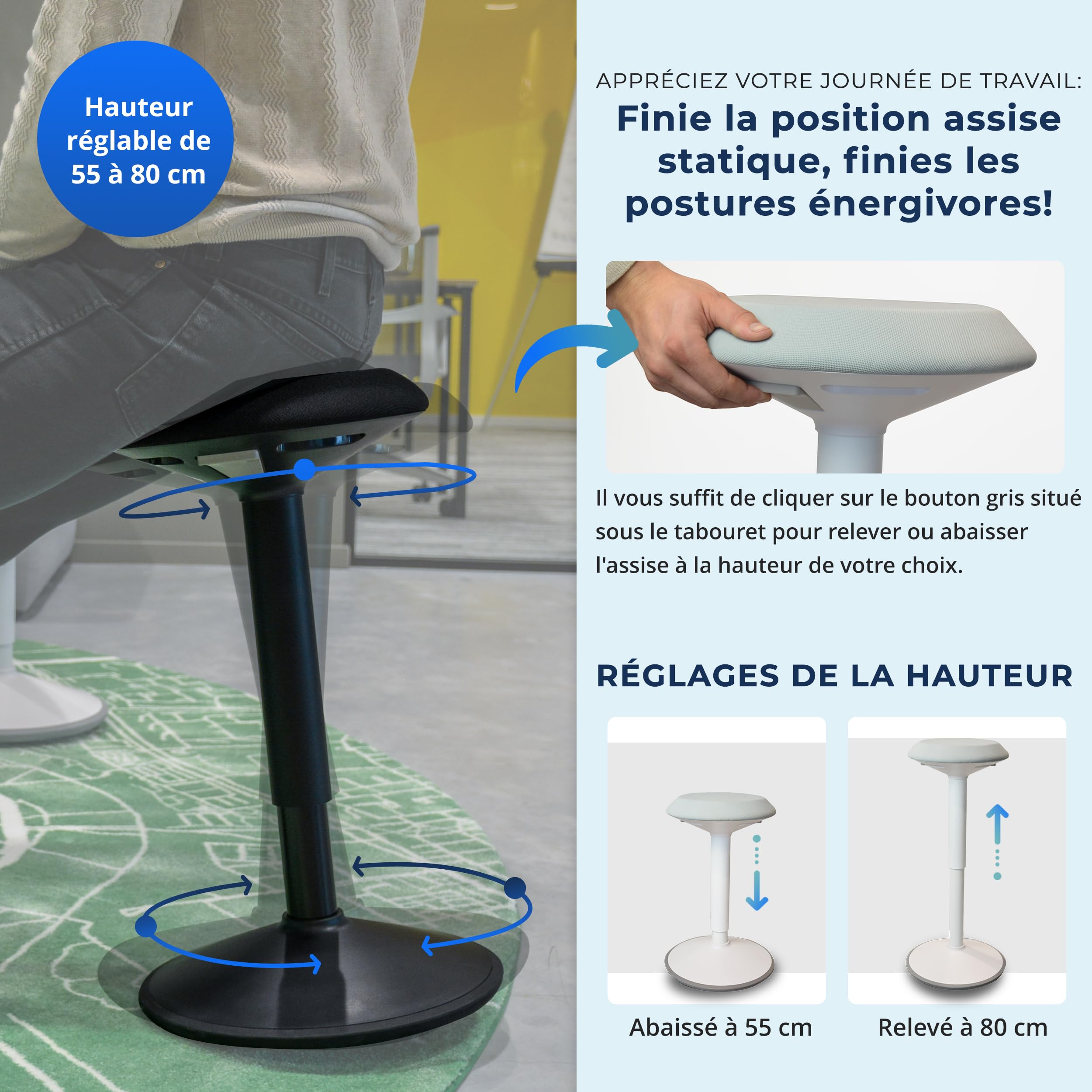 Backerz Tabouret Ergonomique à Bascule - Chaise Va-et-Vient Hauteur Réglable 55 à 80cm - Siège Actif Compact - Maison, Bureau, École - Coussin en Mousse, Revêtement en Lin Hydrofuge - Blanc Mat