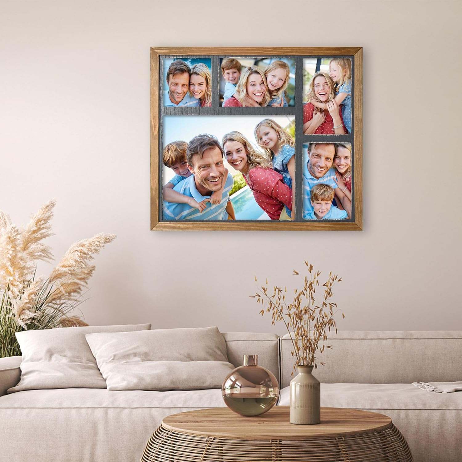 farmhouse 8x10 picture frame with 5 openings display multiple 8x10,two 4x6 and 4x4 photos wood collage frame for wall mounting tabletop display, brown and blue 5-opening 8x10 brown & blue