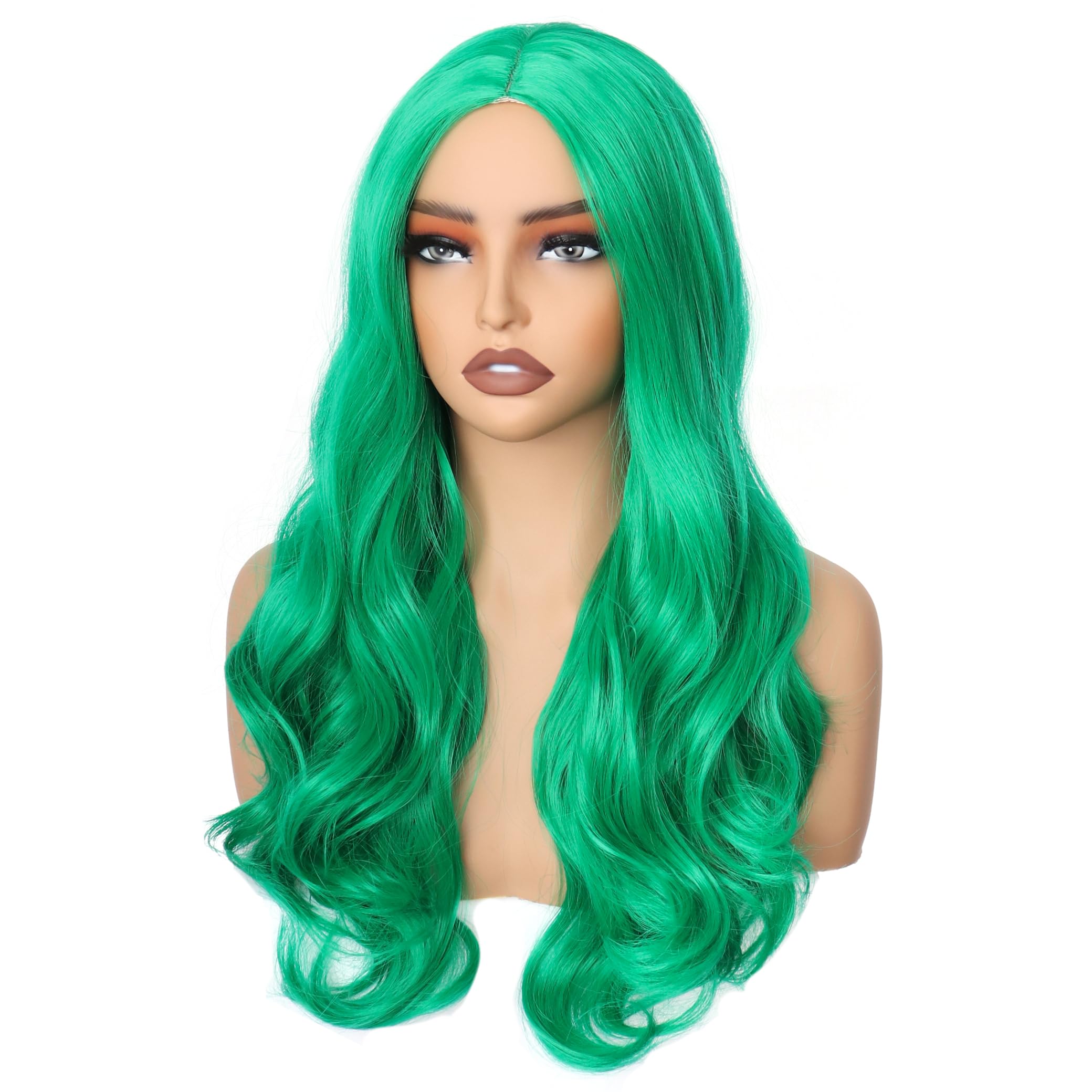 PORSMEER Wig Long Curly Wavy Wigs for Women Ladies with Middle Part Cosplay Fancy Dress Wig Synthetic Heat Resistant Hair Wigs Long Replacement Hair (Green) - Image 3