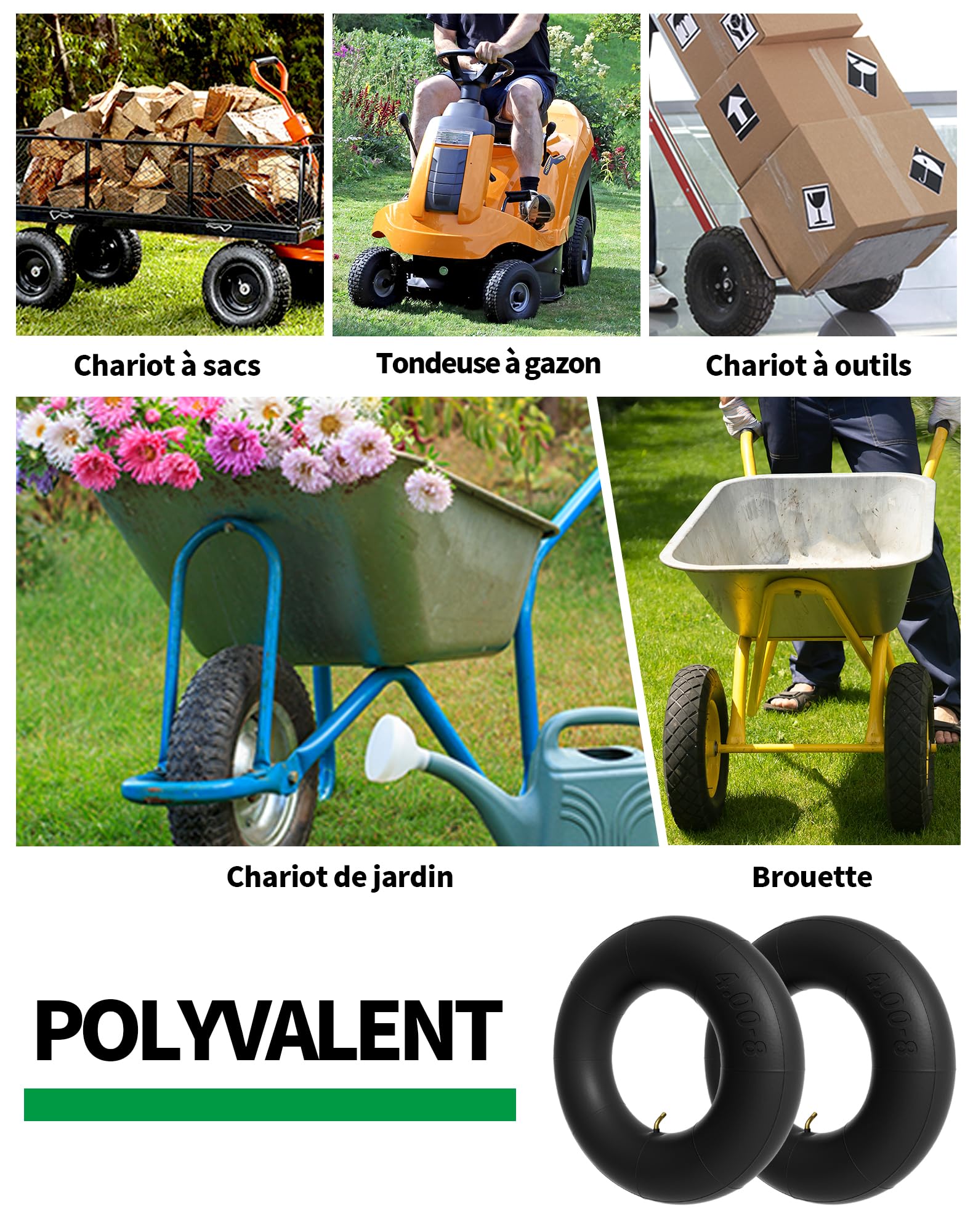 2PCS Chambre à air 4.80 4.00-8 Pneu 4.80/4.00-8 pour Roue Brouette Chariot Diable Scooter Chariot à Main Chariot de Jardin