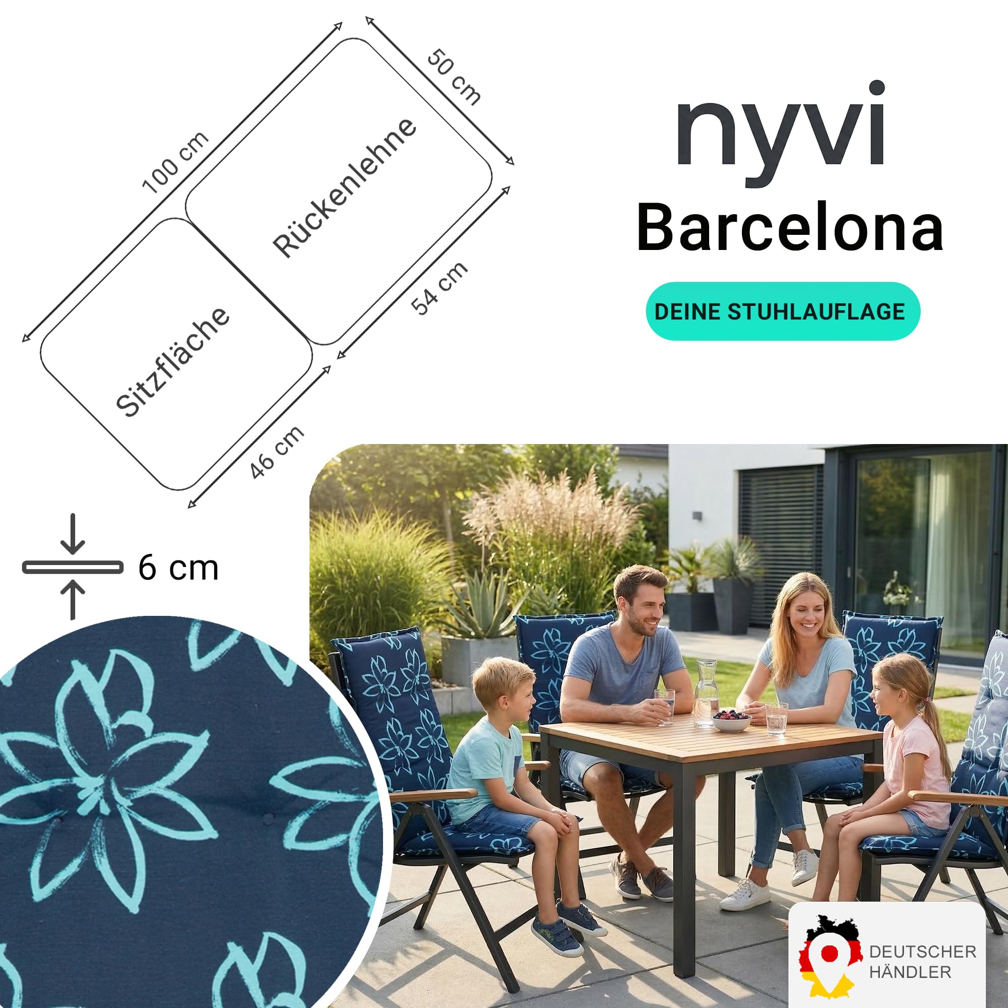 NYVI Gartenstuhl Auflagen Niedriglehner 4er Set Barcelona - UV-Beständig, Atmungsaktiv, Strapazierfähig - Niedriglehnerauflagen Sitzkissen Outdoor - Sitzauflagen 100x50cm Blume Hellblau