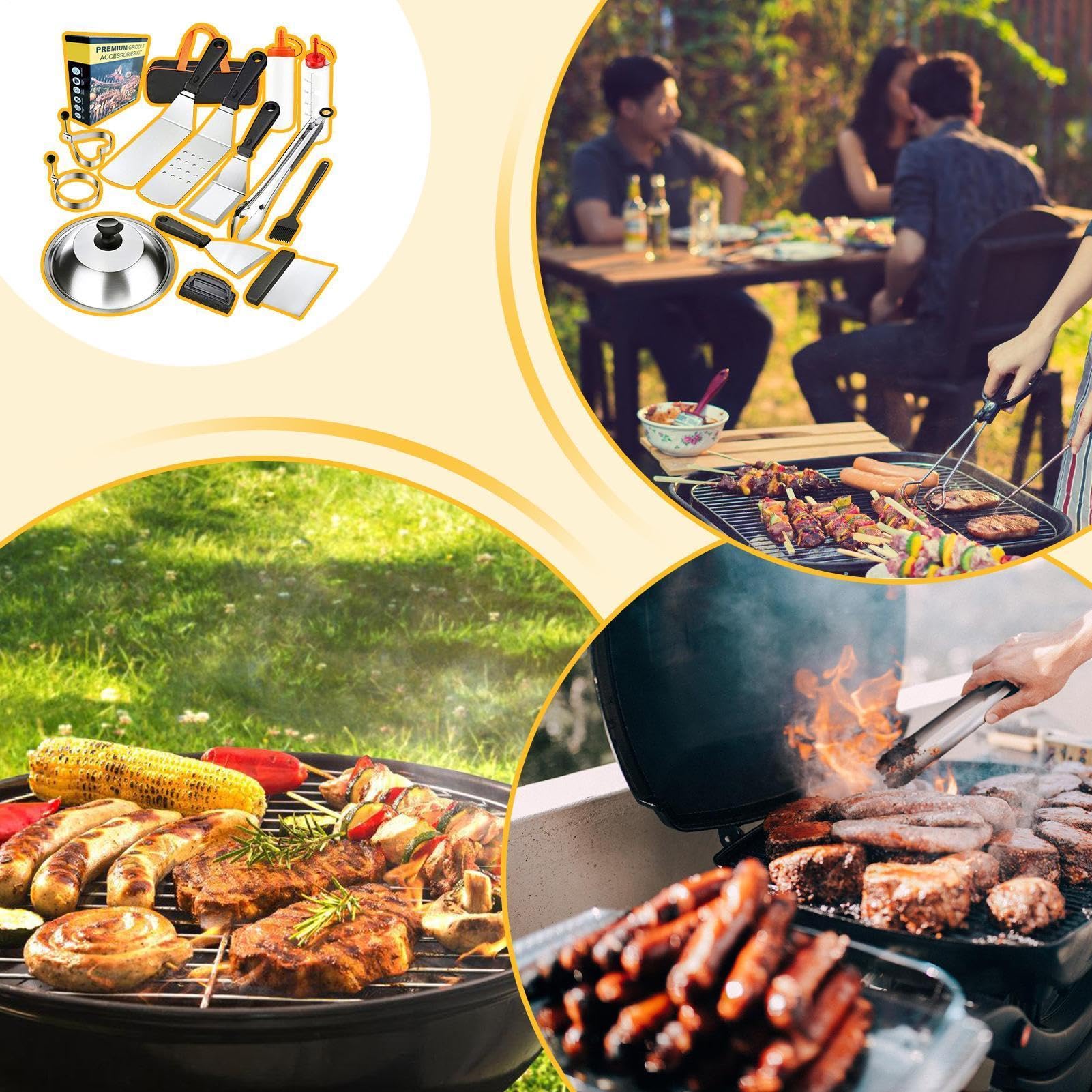 Kit Per Grill All’aperto | Barbecue Portatili Per Utensili Da Cucina | Utensili da Cucina in Acciaio Portatili e Robusti per Verdure, Campeggio, Giardino, Gamberi e Carne