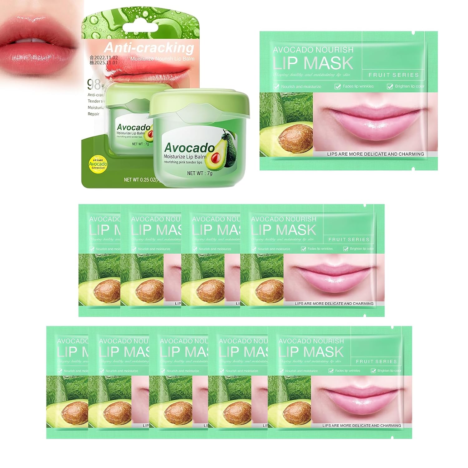 Pack of 10 Avocado Lip Mask + Lip Cream Moisturising & Nourishing Lip Mask for Night Care Reduces Lip Wrinkles and Improves Elasticity