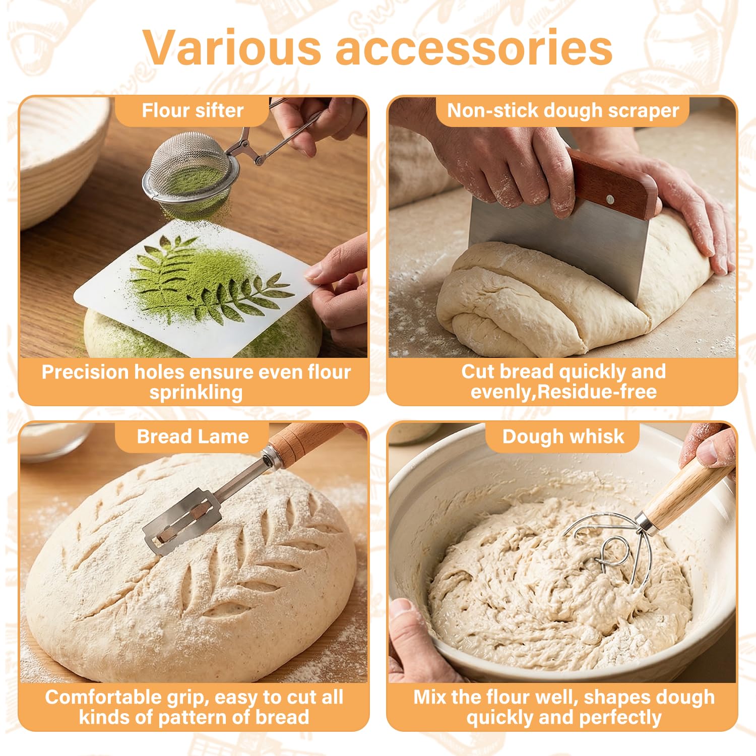 Banneton Pour Pain, Kit Boulangerie Levain, Corbeille a Pain en Rotin Naturel 23 cm Rond et 25 cm Ovale, Panier Fermentation Pain set pour les Débutants et Professionnels
