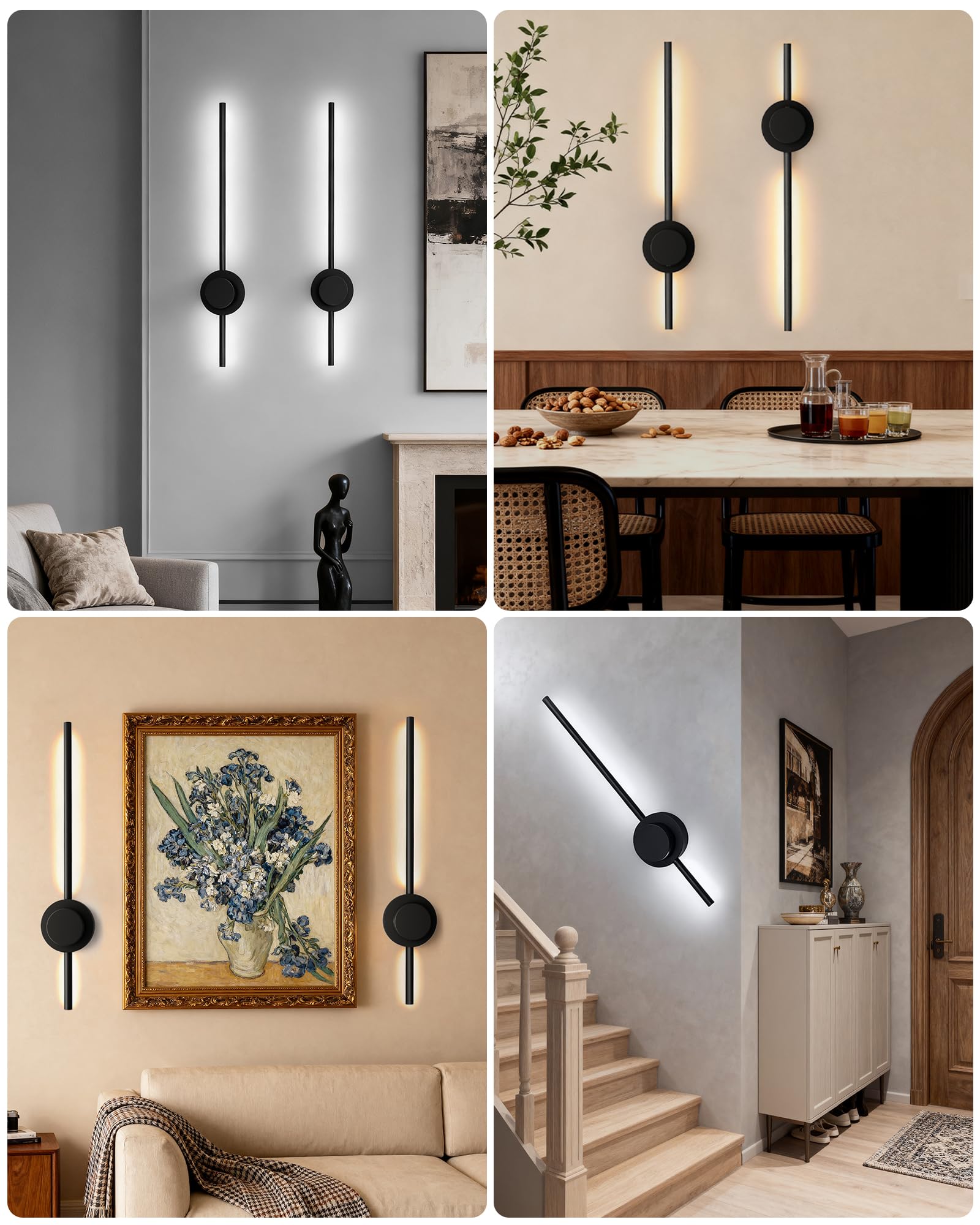 BRIMAX Applique a Parete LED 70CM Nero Senza Fili, 3000K-6500K | Batteria 5000mAh rimovibile, 3W, dimmerabile, controllo touch e telecomando, per soggiorno, corridoio, decorazione interna