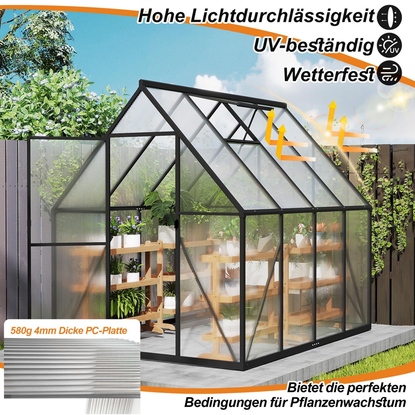 Aluminium Gewächshaus 6x8FT mit Fundamentrahmen & Belüftungsfenster, robustes Tomatenhaus wetterfest & rostfrei ideales Pflanzen- und Gemüsehaus für ganzjährige Anzucht Treibhaus 230x180x195cm
