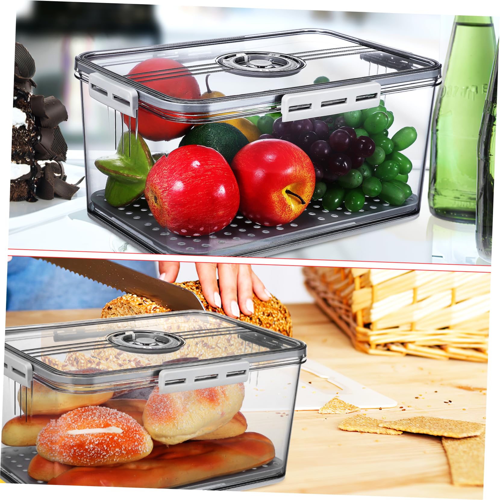 ULTECHNOVO Frischebox aus Pet mit Zeiterfassung für Obst und Brot | Abnehmbare Ausführung, Große Kapazität, Vierseitige Verriegelung, Transparente Kühlschrankbox für Lebensmittel
